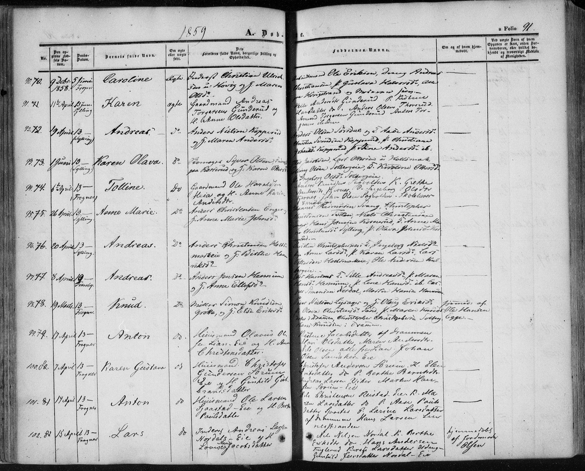 Lier kirkebøker, SAKO/A-230/F/Fa/L0012: Parish register (official) no. I 12, 1854-1864, p. 91