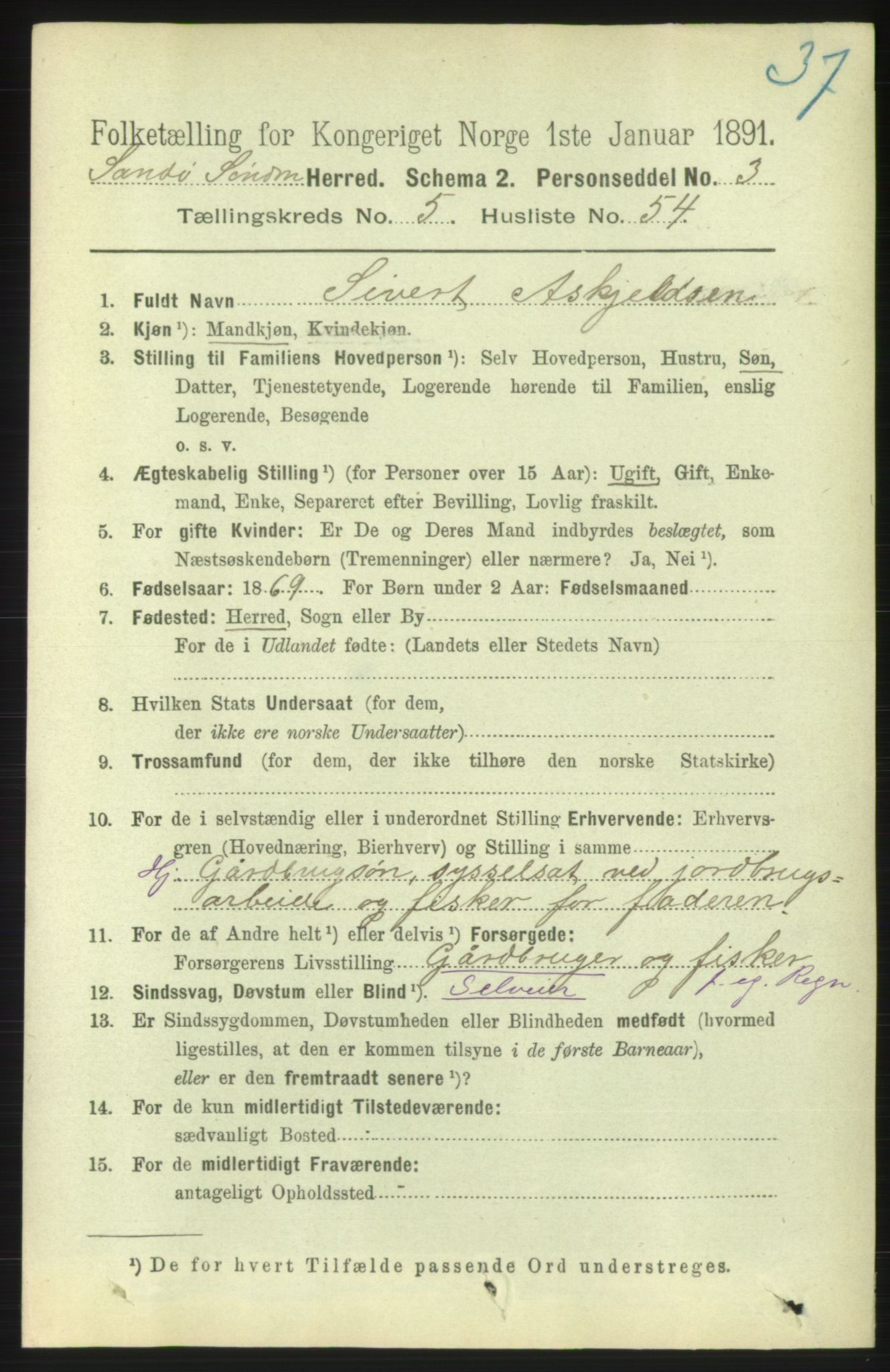 RA, 1891 census for 1514 Sande, 1891, p. 988