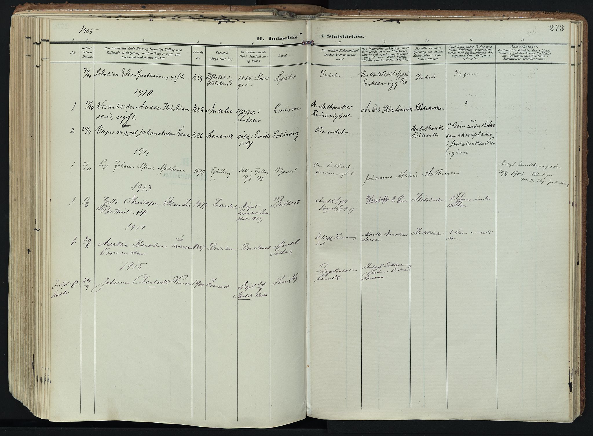 Hedrum kirkebøker, SAKO/A-344/F/Fa/L0010: Parish register (official) no. I 10, 1904-1918, p. 273