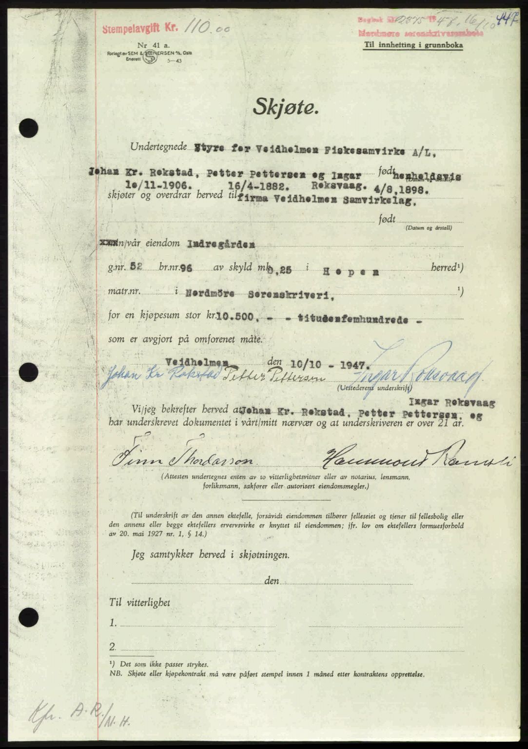 Nordmøre sorenskriveri, AV/SAT-A-4132/1/2/2Ca: Mortgage book no. A106, 1947-1947, Diary no: : 2375/1947