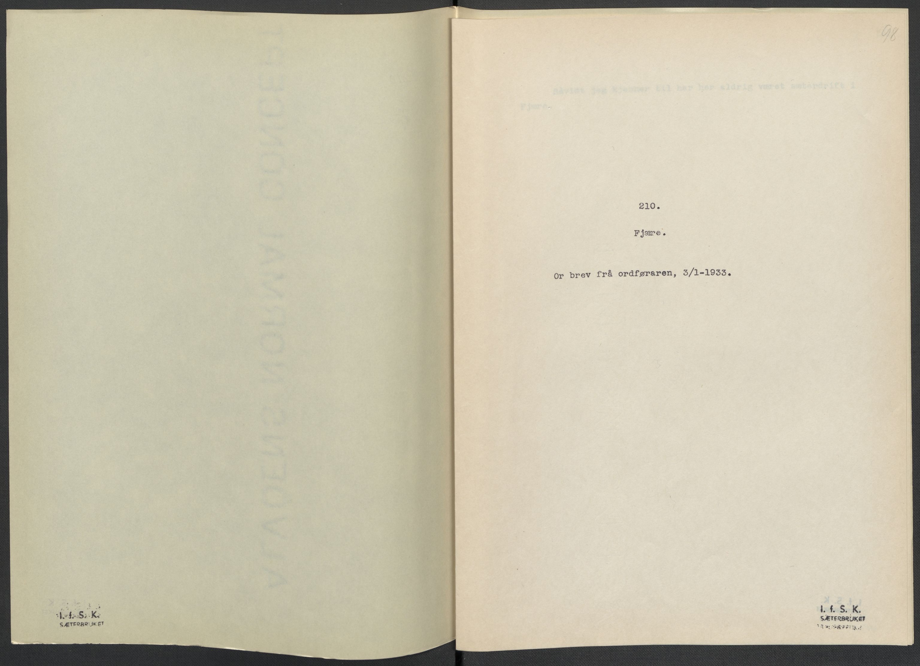 Instituttet for sammenlignende kulturforskning, RA/PA-0424/F/Fc/L0008/0001: Eske B8: / Aust-Agder (perm XIX), 1932-1938, p. 98