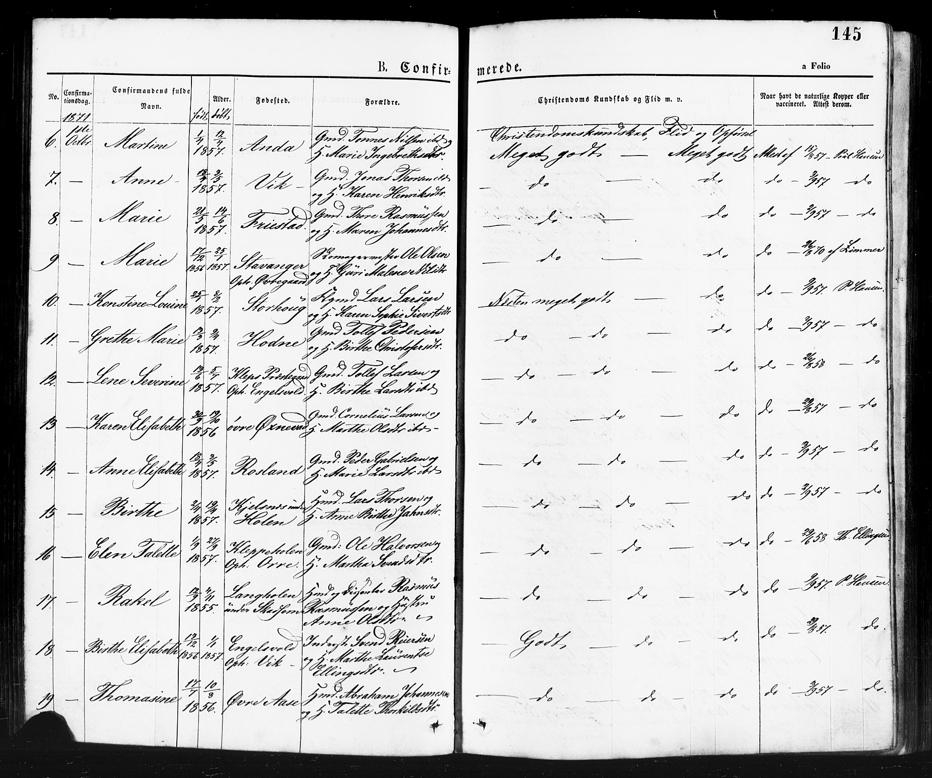 Klepp sokneprestkontor, SAST/A-101803/001/3/30BA/L0006: Parish register (official) no. A 6, 1871-1885, p. 145