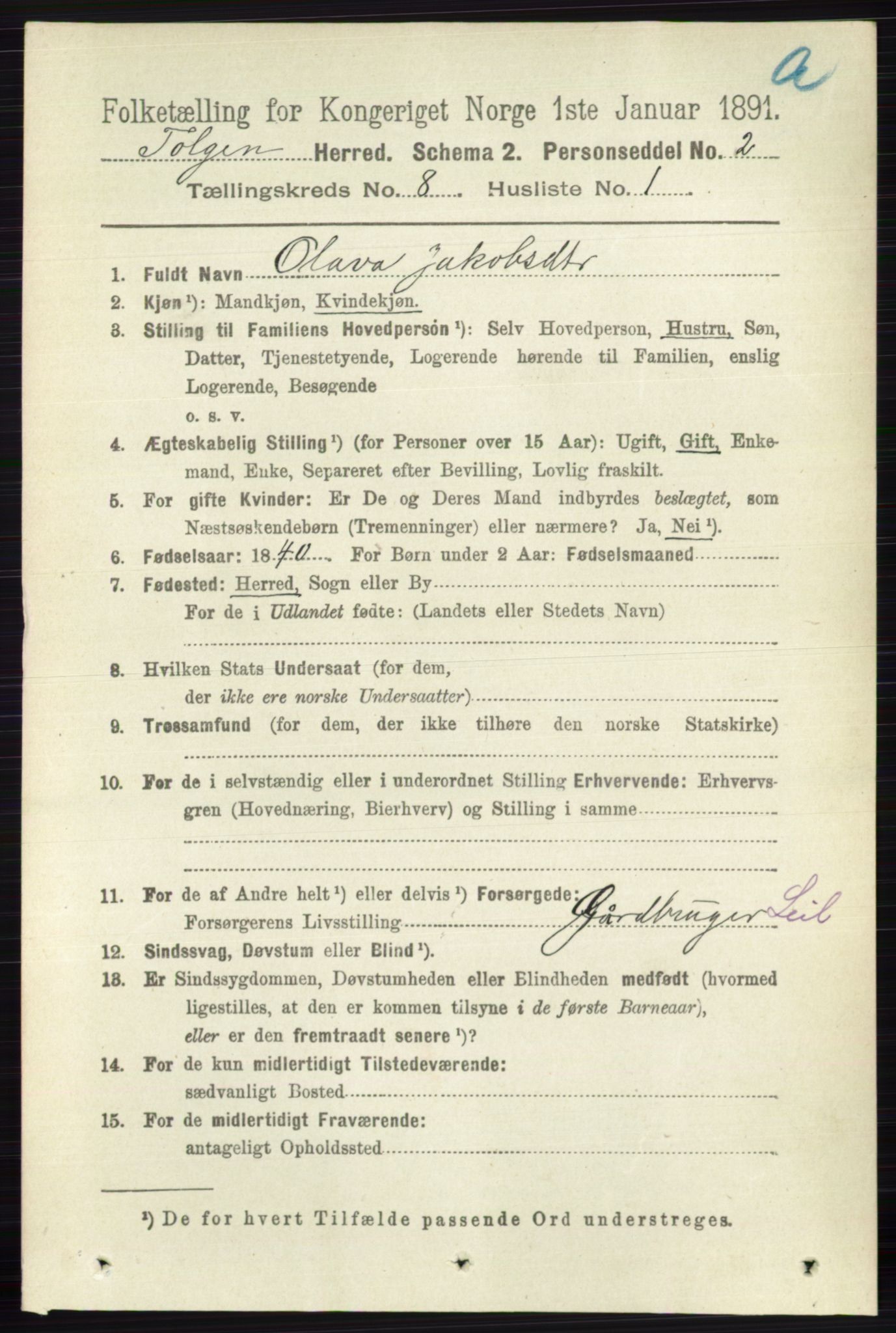 RA, 1891 census for 0436 Tolga, 1891, p. 2363