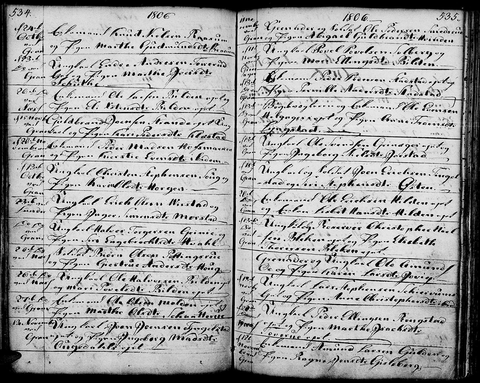 Gran prestekontor, SAH/PREST-112/H/Ha/Haa/L0006: Parish register (official) no. 6, 1787-1824, p. 534-535