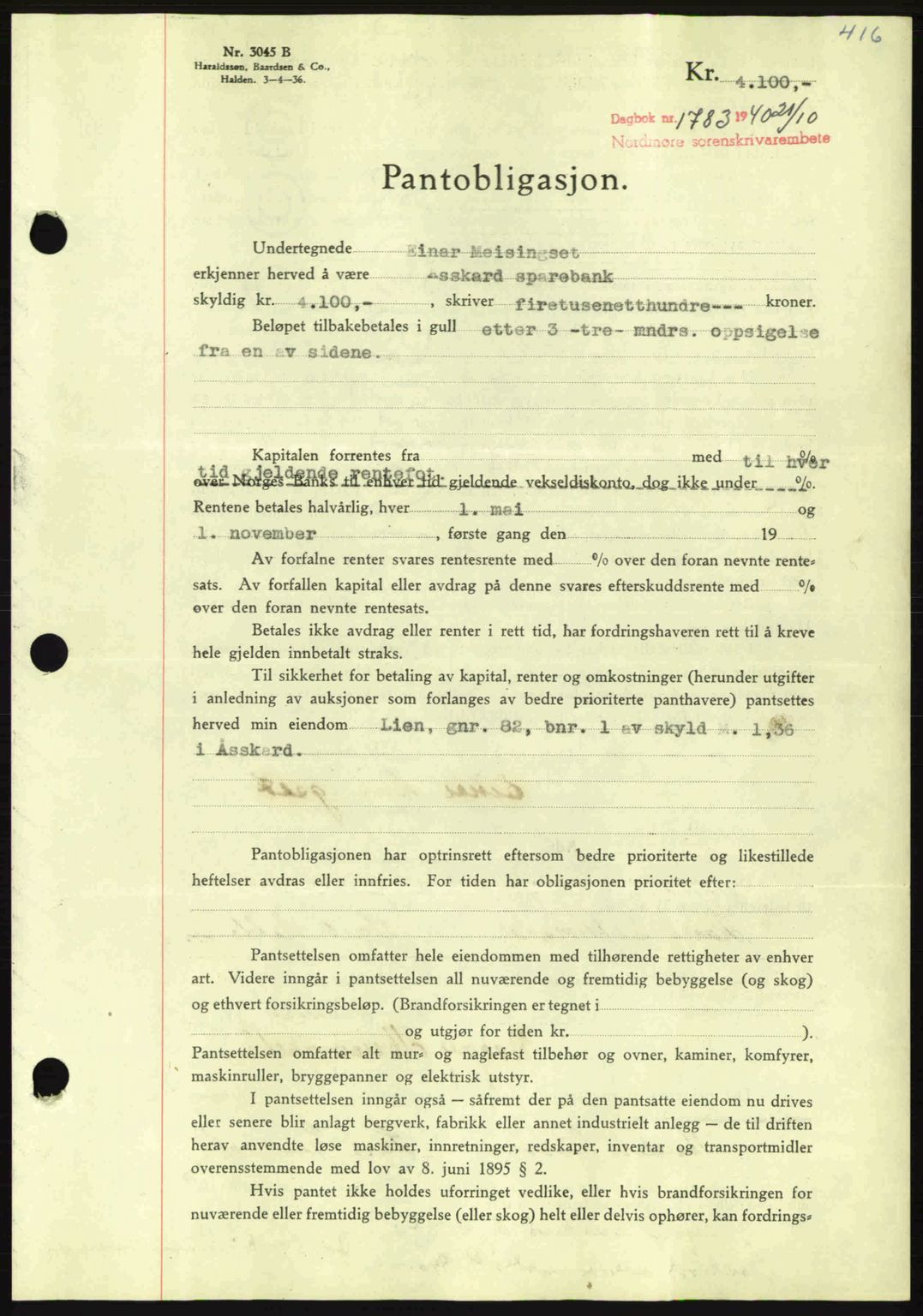 Nordmøre sorenskriveri, AV/SAT-A-4132/1/2/2Ca: Mortgage book no. B87, 1940-1941, Diary no: : 1783/1940