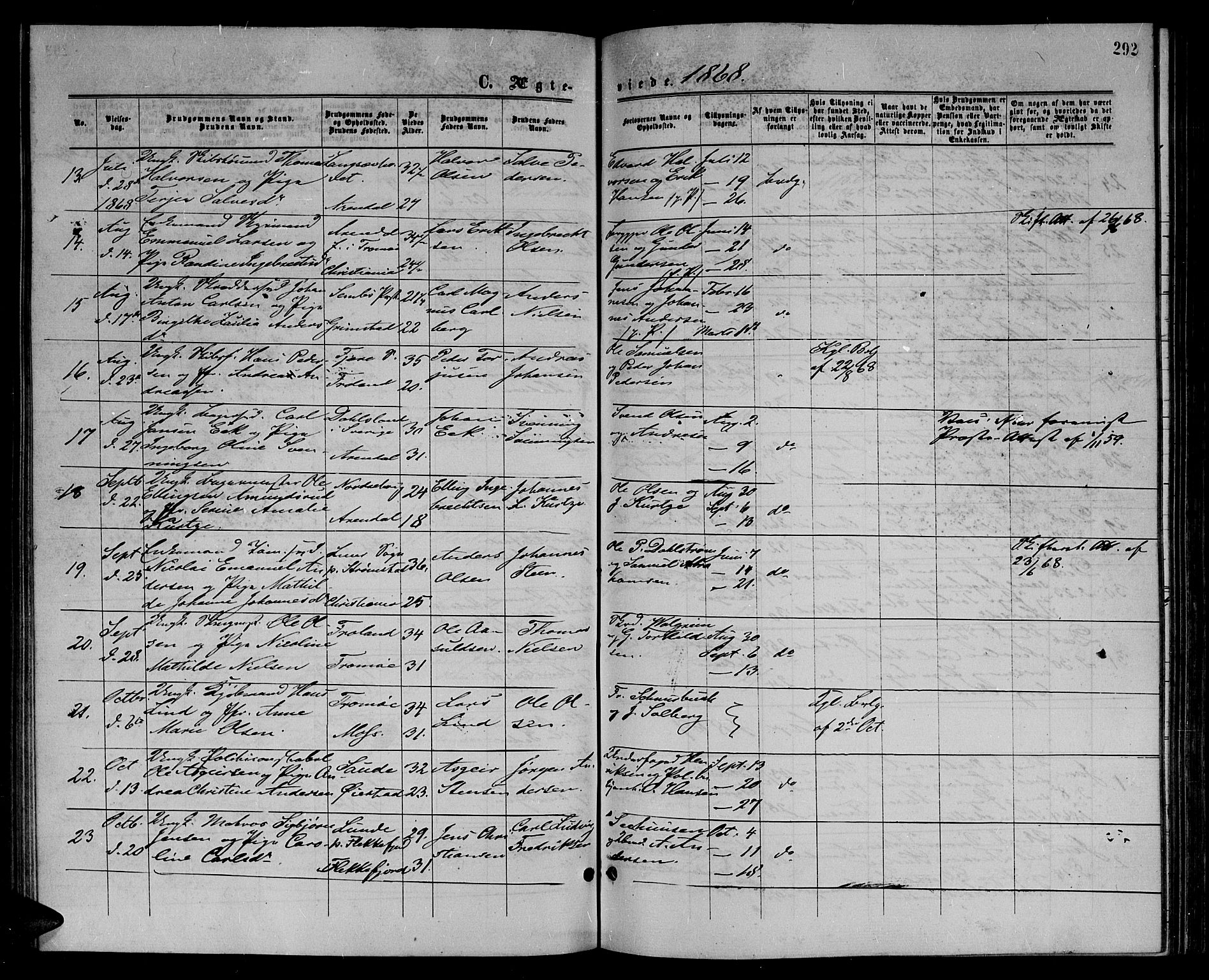 Arendal sokneprestkontor, Trefoldighet, SAK/1111-0040/F/Fb/L0004: Parish register (copy) no. B 4, 1861-1873, p. 292