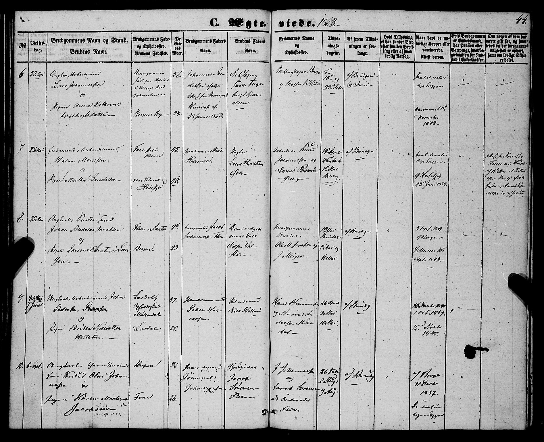 St. Jørgens hospital og Årstad sokneprestembete, AV/SAB-A-99934: Parish register (official) no. A 9, 1853-1878, p. 44