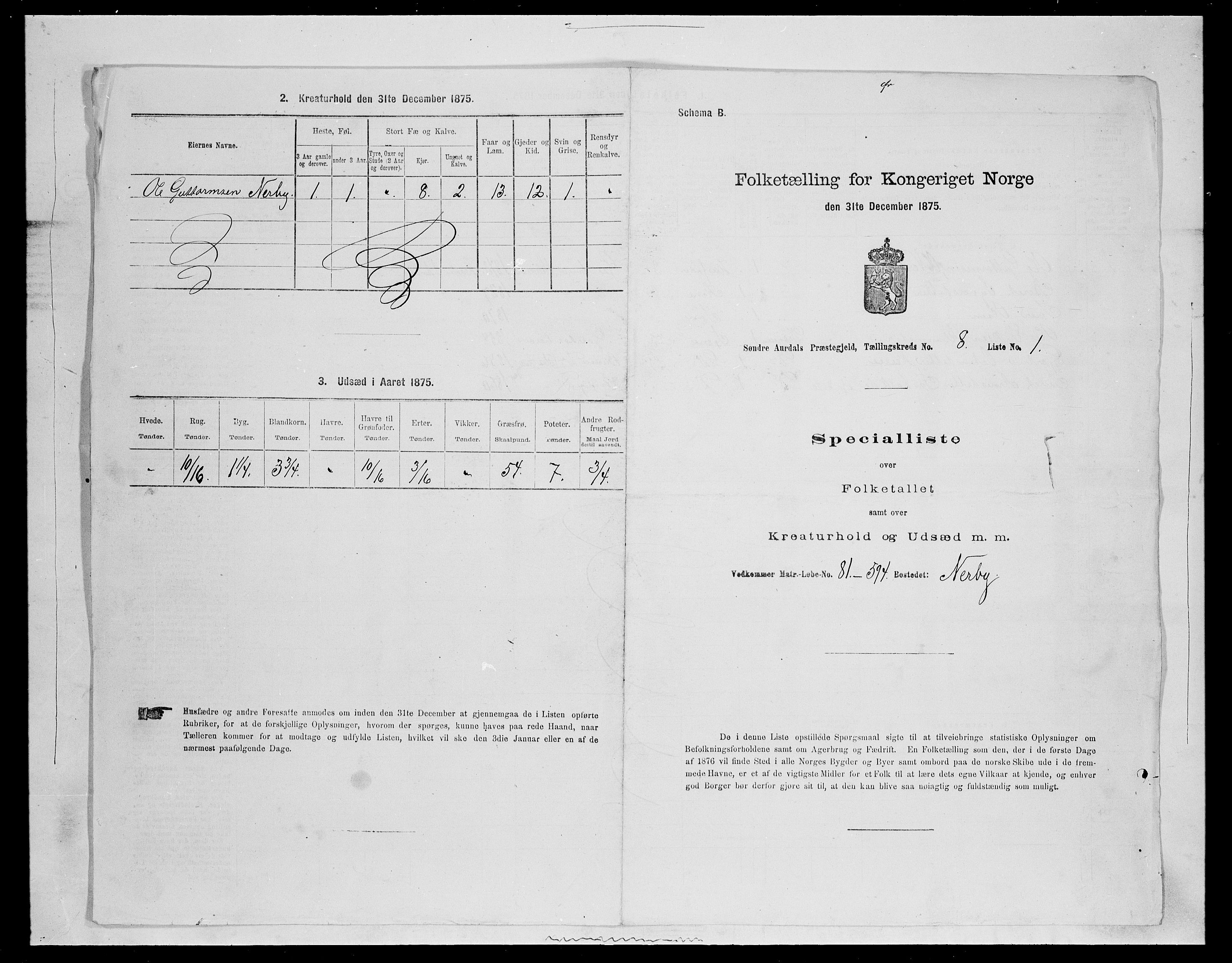 SAH, 1875 census for 0540P Sør-Aurdal, 1875, p. 1289