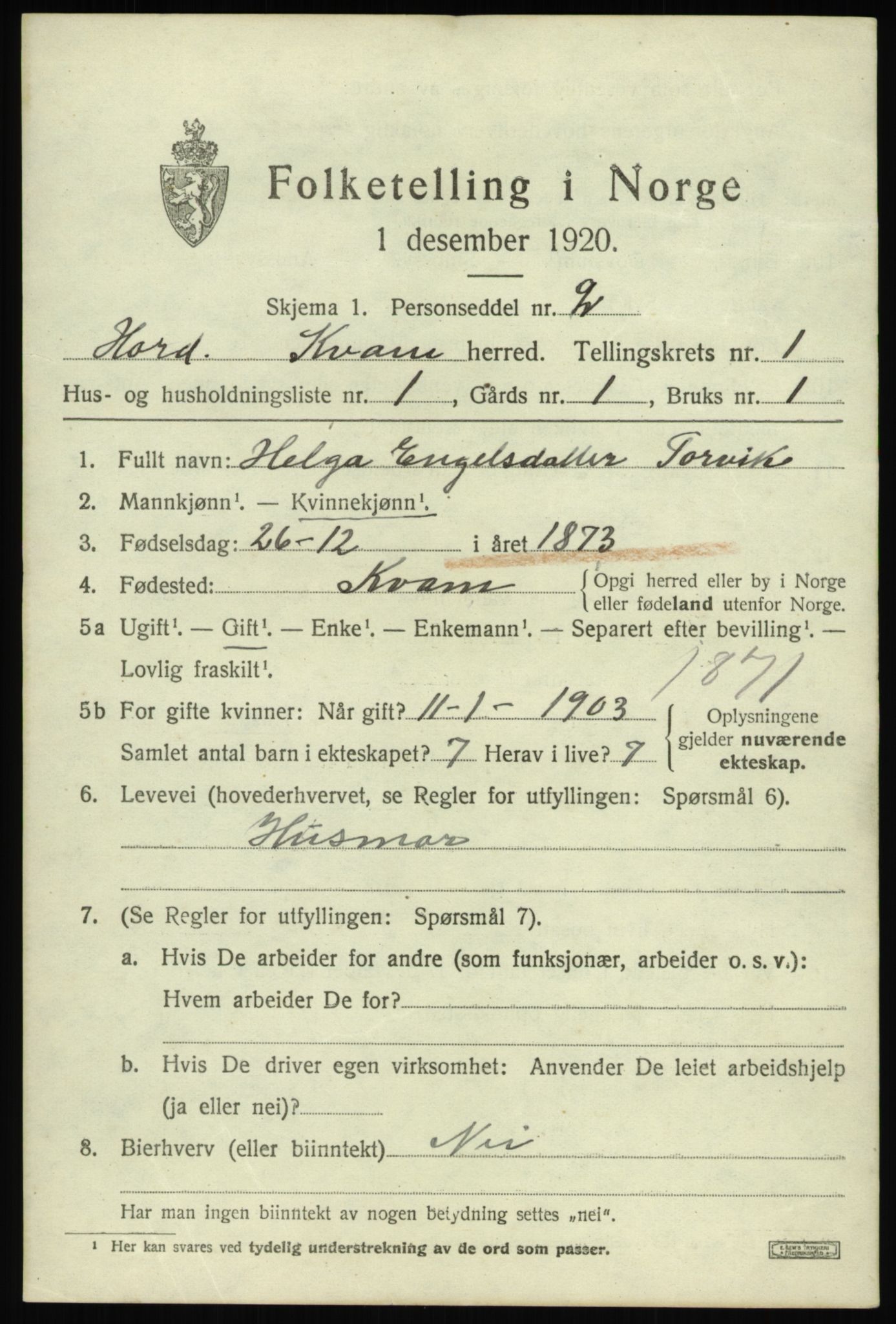 SAB, 1920 census for Kvam, 1920, p. 1439