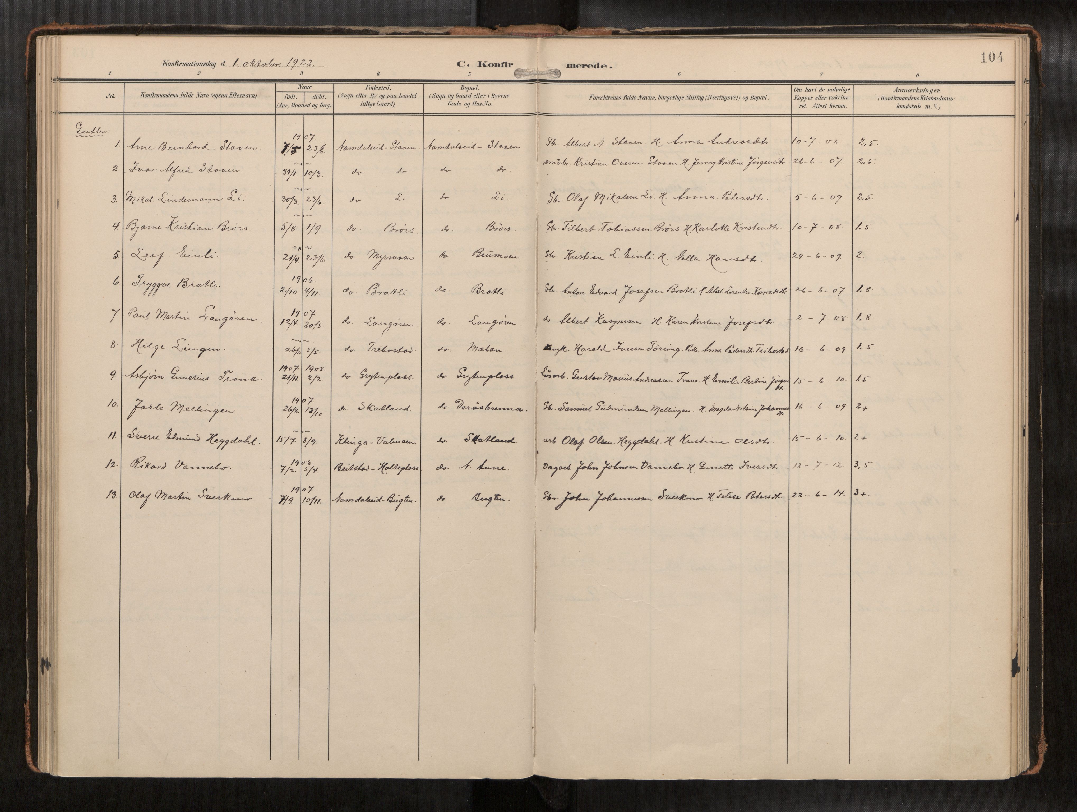 Ministerialprotokoller, klokkerbøker og fødselsregistre - Nord-Trøndelag, AV/SAT-A-1458/742/L0409a: Parish register (official) no. 742A03, 1906-1924, p. 104