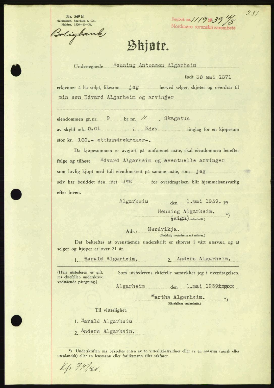 Nordmøre sorenskriveri, AV/SAT-A-4132/1/2/2Ca: Mortgage book no. A86, 1939-1939, Diary no: : 1119/1939