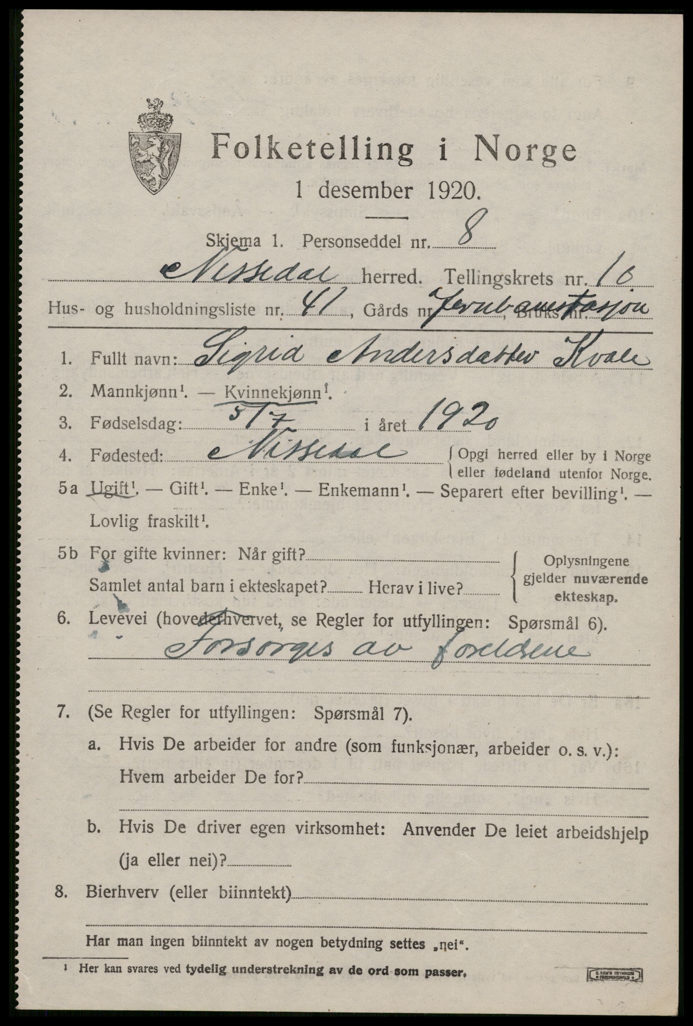 SAKO, 1920 census for Nissedal, 1920, p. 4387