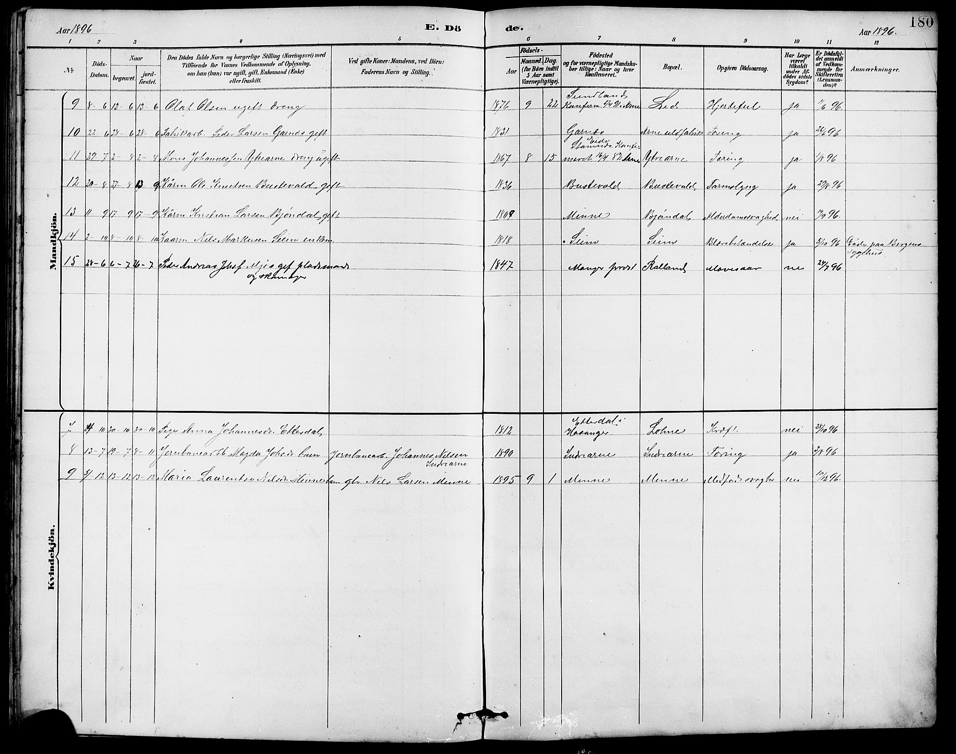 Arna Sokneprestembete, SAB/A-74001/H/Ha/Hab: Parish register (copy) no. A 3, 1887-1897, p. 180