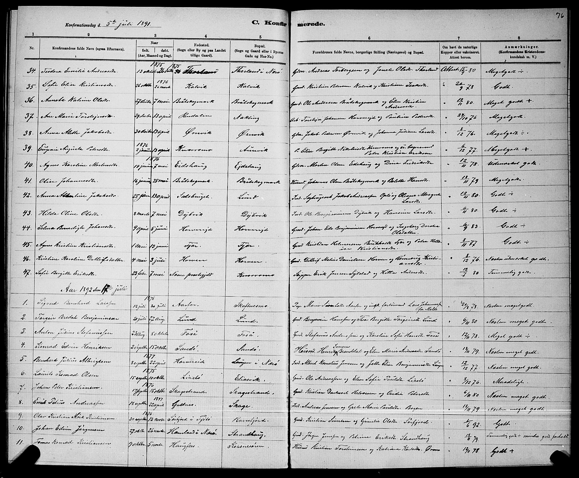 Ministerialprotokoller, klokkerbøker og fødselsregistre - Nord-Trøndelag, SAT/A-1458/780/L0651: Parish register (copy) no. 780C03, 1884-1898, p. 76