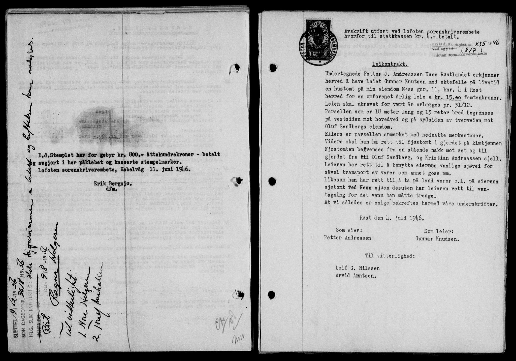 Lofoten sorenskriveri, SAT/A-0017/1/2/2C/L0014a: Mortgage book no. 14a, 1946-1946, Diary no: : 835/1946