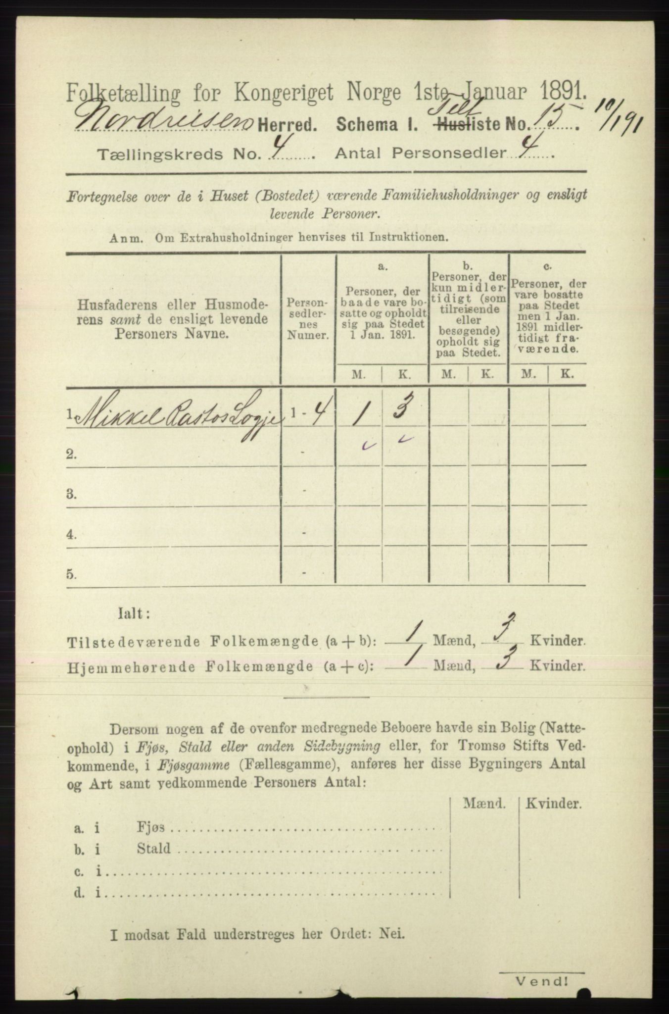 RA, 1891 census for 1942 Nordreisa, 1891, p. 1524