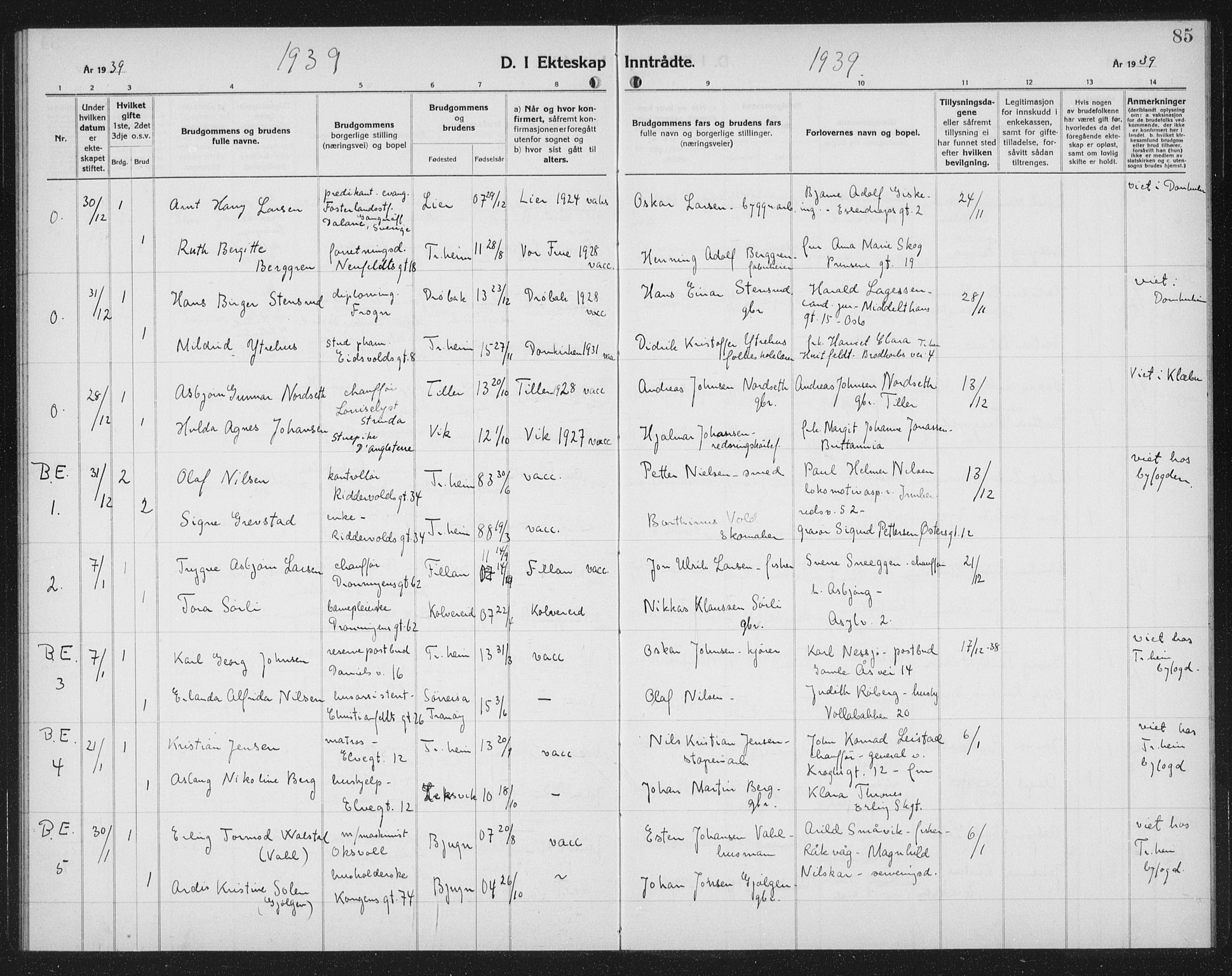 Ministerialprotokoller, klokkerbøker og fødselsregistre - Sør-Trøndelag, SAT/A-1456/602/L0152: Parish register (copy) no. 602C20, 1933-1940, p. 85
