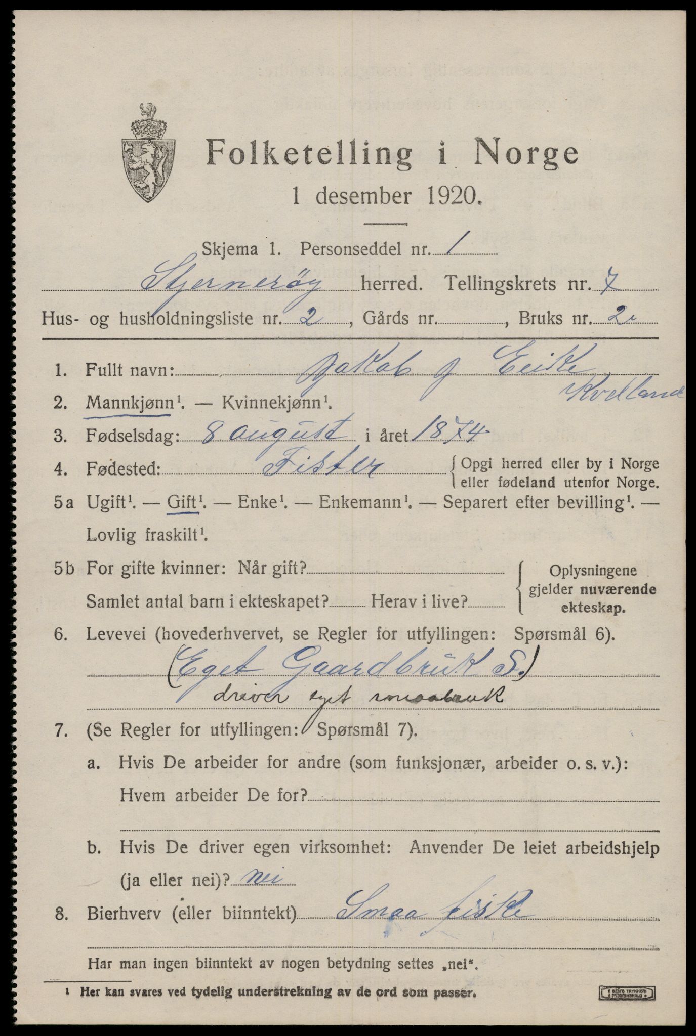 SAST, 1920 census for Sjernarøy, 1920, p. 1838