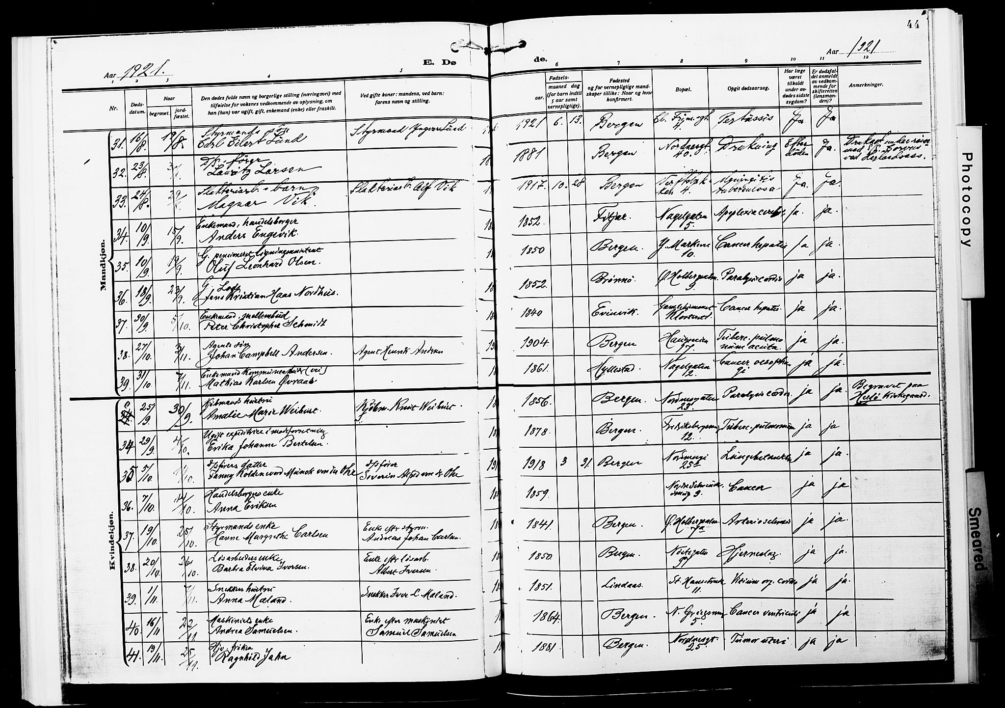 Nykirken Sokneprestembete, AV/SAB-A-77101/H/Hab: Parish register (copy) no. E 2, 1918-1924, p. 44