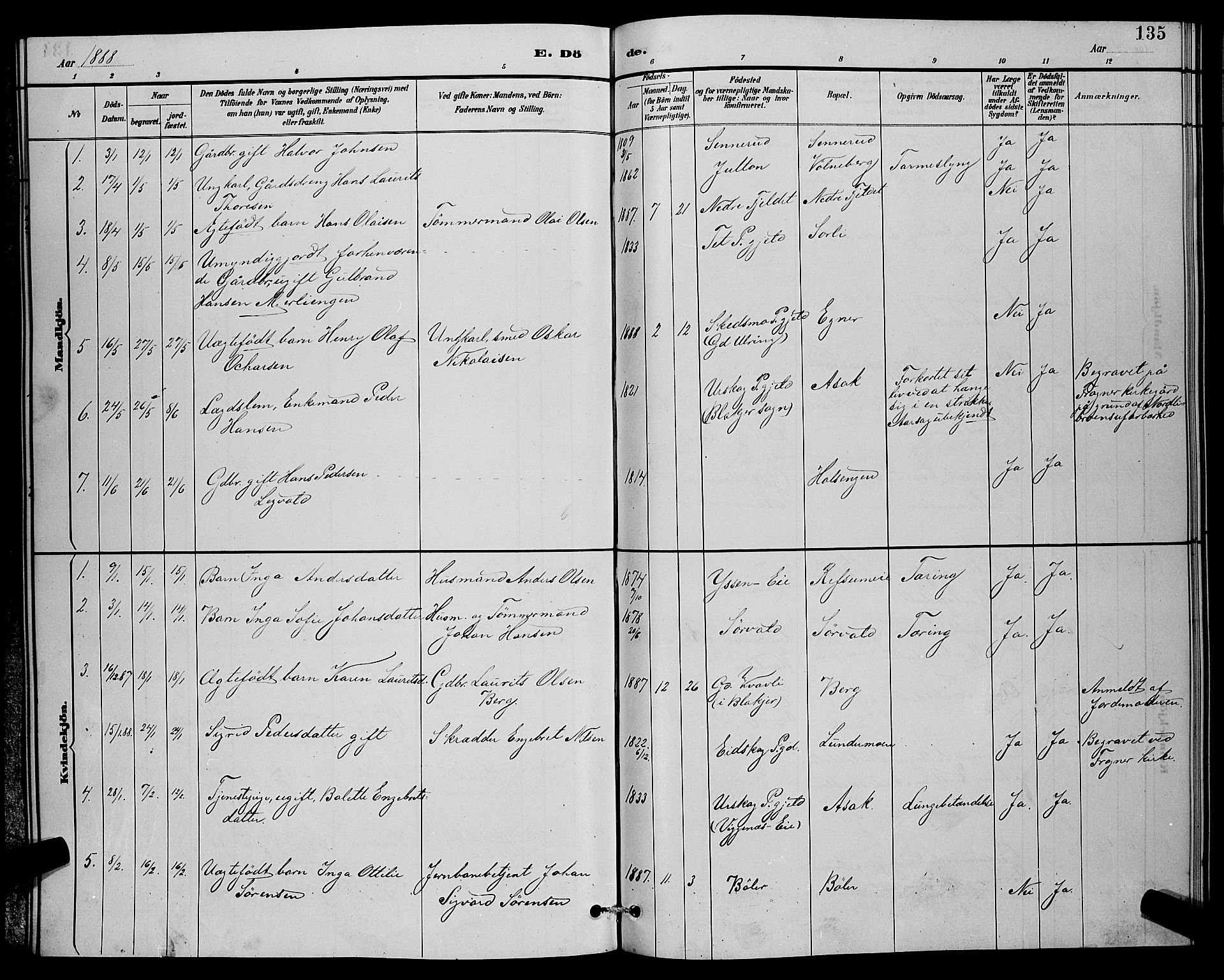 Sørum prestekontor Kirkebøker, SAO/A-10303/G/Ga/L0005: Parish register (copy) no. I 5.1, 1886-1894, p. 135