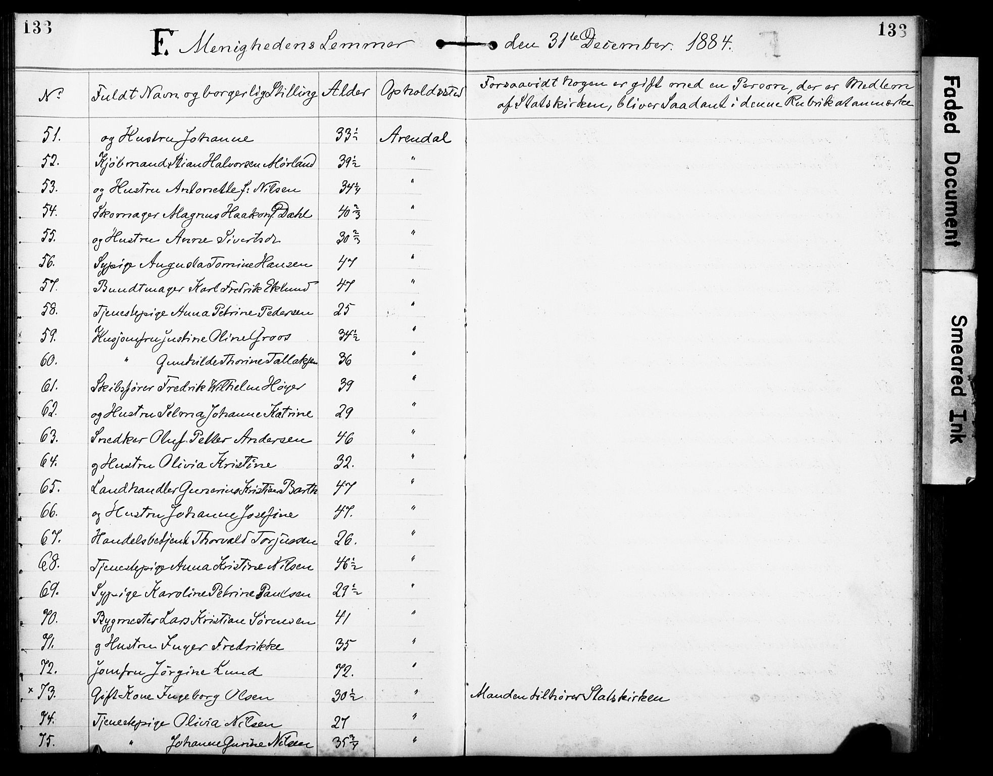 Den evangelisk-lutherske frimenighet, Arendal, SAK/1292-0005/F/Fa/L0002: Dissenter register no. F 6, 1884-1908, p. 133