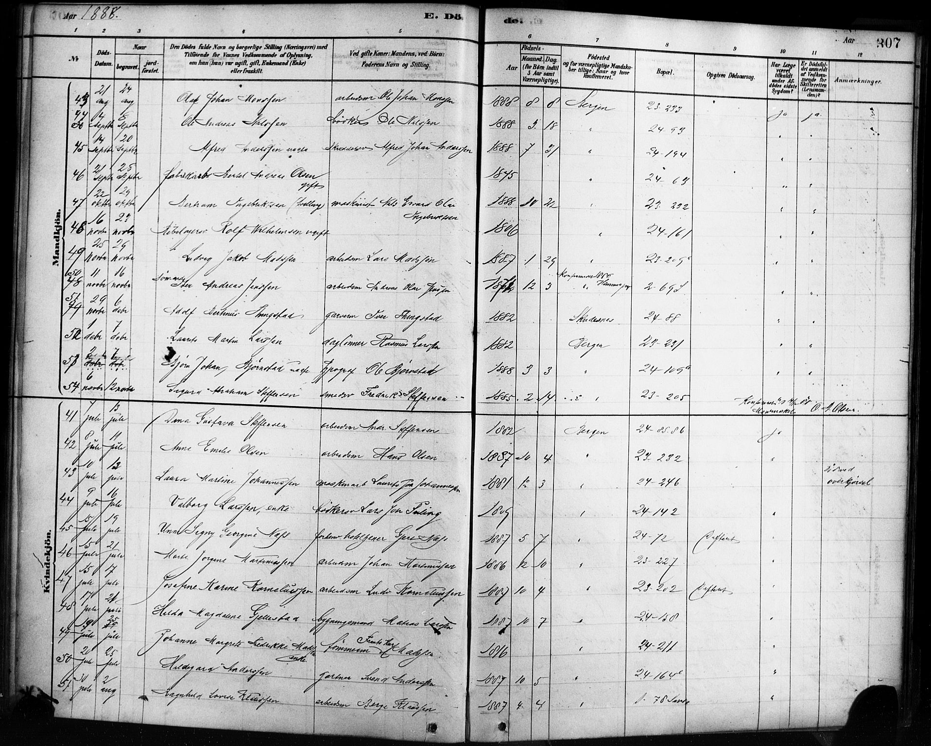 Sandviken Sokneprestembete, AV/SAB-A-77601/H/Ha/L0002: Parish register (official) no. A 2, 1878-1896, p. 307