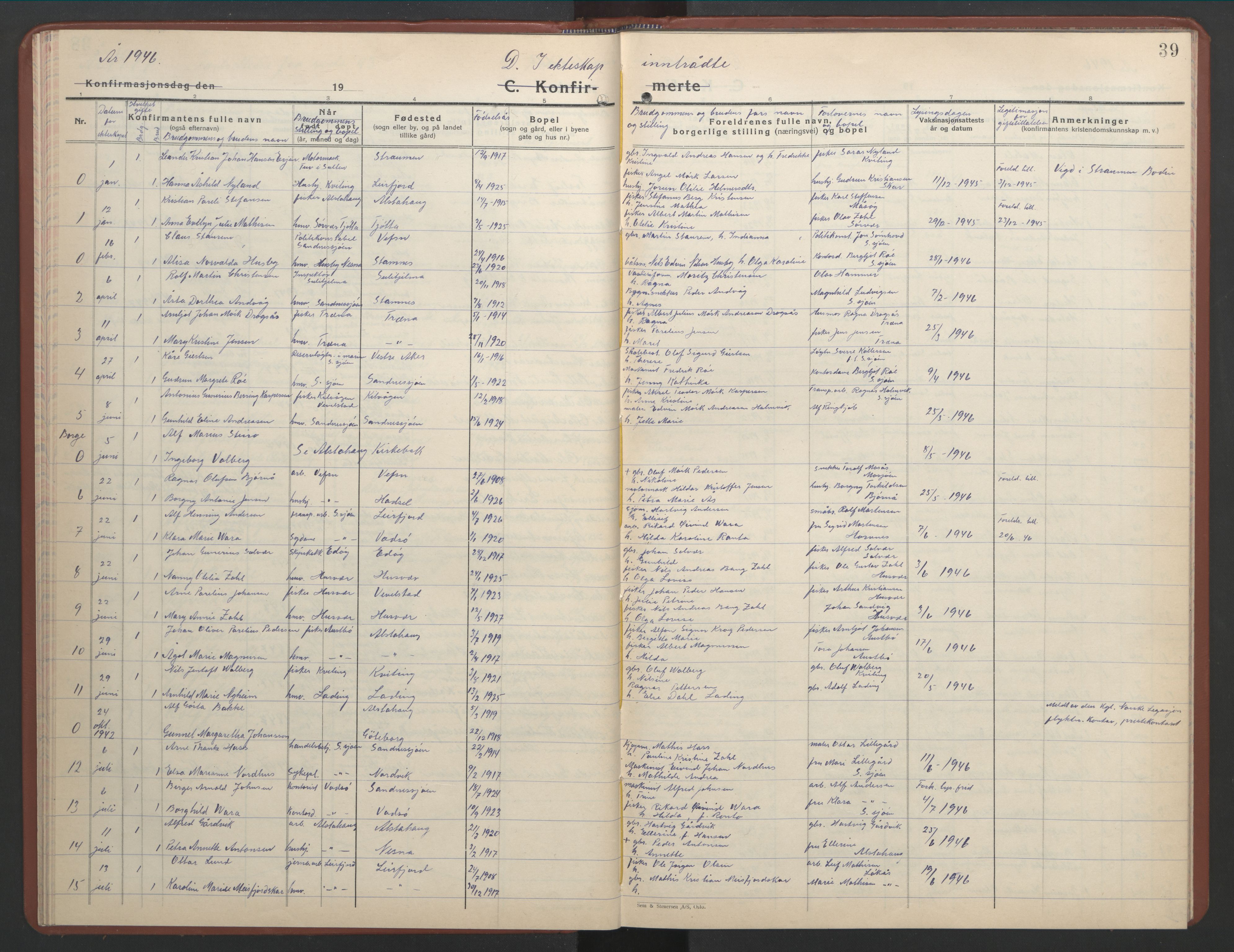 Ministerialprotokoller, klokkerbøker og fødselsregistre - Nordland, AV/SAT-A-1459/831/L0481: Parish register (copy) no. 831C08, 1935-1948, p. 39