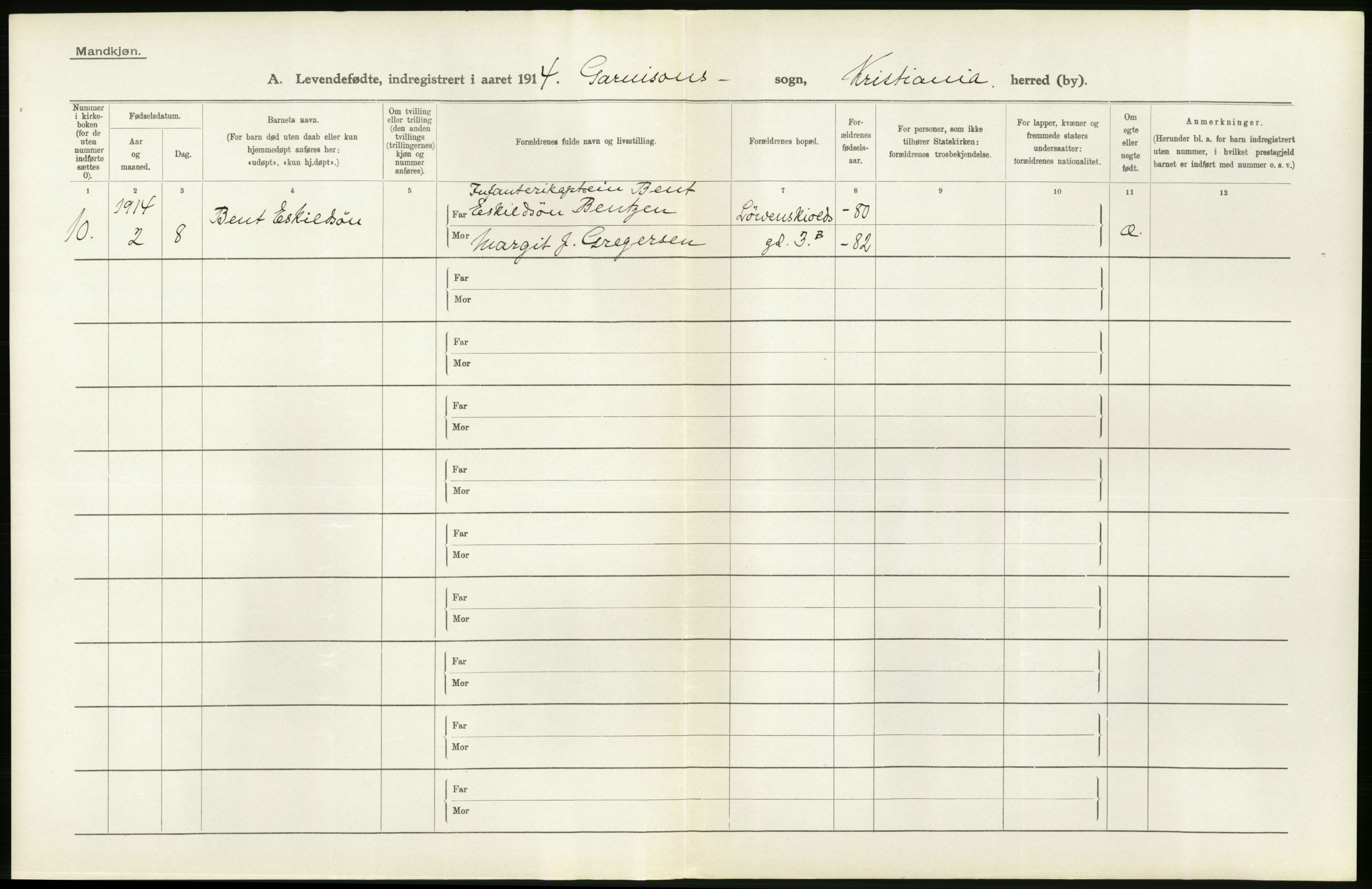 Statistisk sentralbyrå, Sosiodemografiske emner, Befolkning, AV/RA-S-2228/D/Df/Dfb/Dfbd/L0005: Kristiania: Levendefødte menn og kvinner., 1914, p. 454