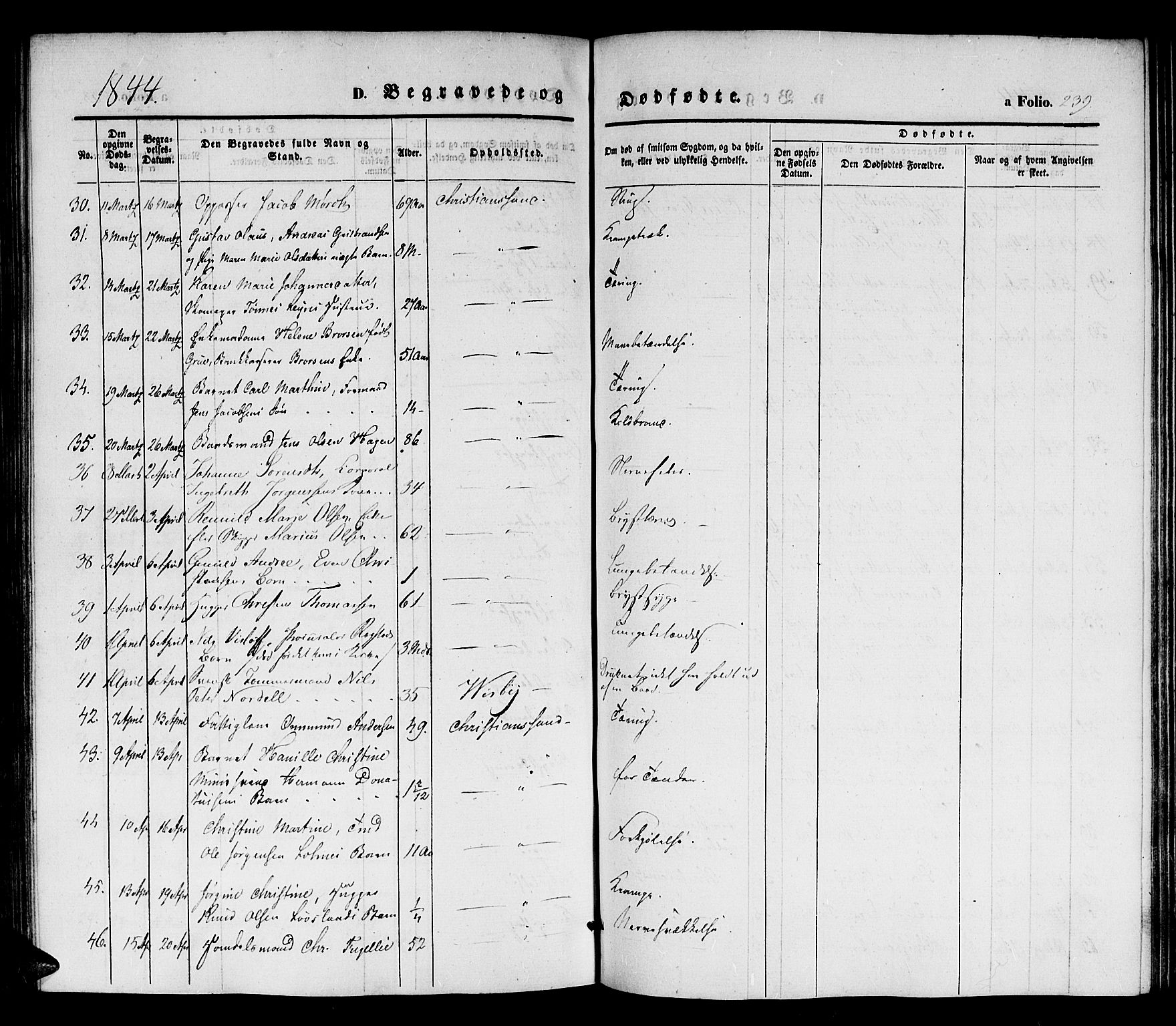 Kristiansand domprosti, SAK/1112-0006/F/Fb/L0010: Parish register (copy) no. B 10, 1843-1850, p. 239