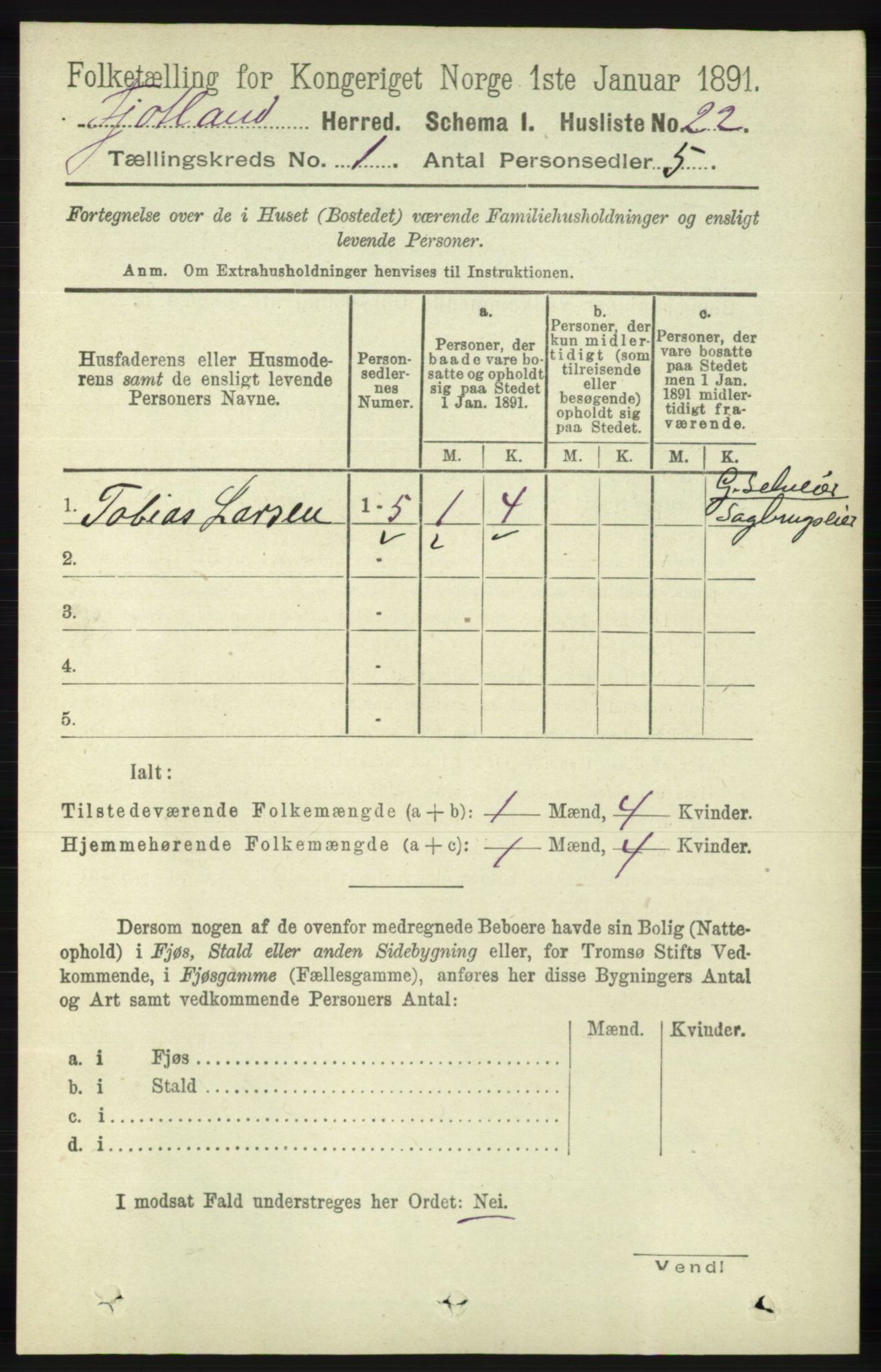 RA, 1891 census for 1036 Fjotland, 1891, p. 46