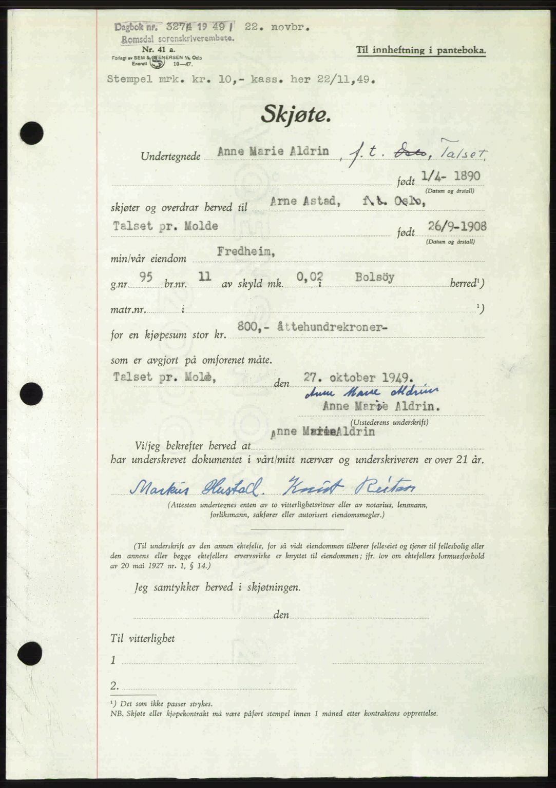 Romsdal sorenskriveri, AV/SAT-A-4149/1/2/2C: Mortgage book no. A31, 1949-1949, Diary no: : 3274/1949