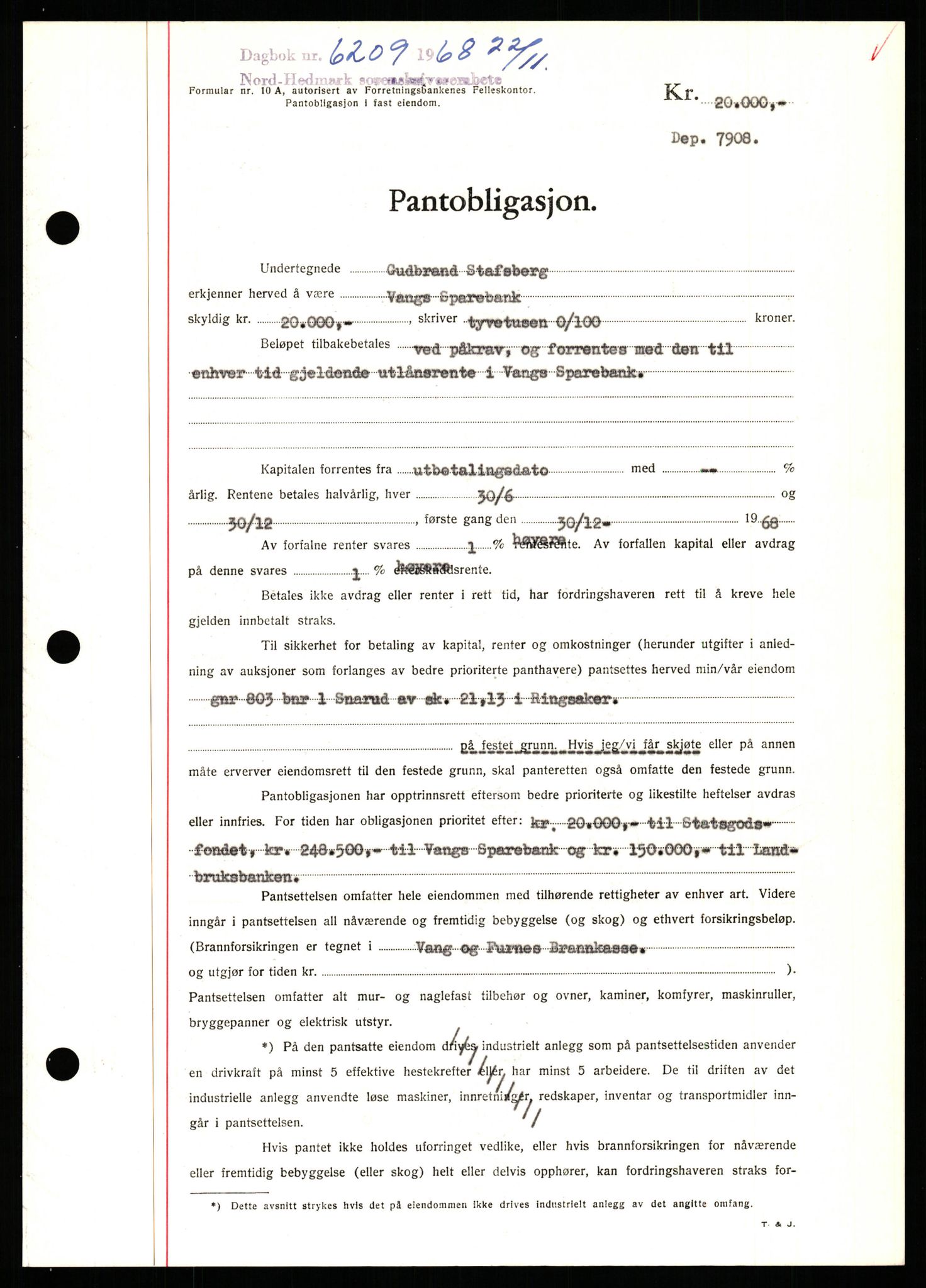 Nord-Hedmark sorenskriveri, SAH/TING-012/H/Hb/Hbf/L0077: Mortgage book no. B77, 1968-1969, Diary no: : 6209/1968