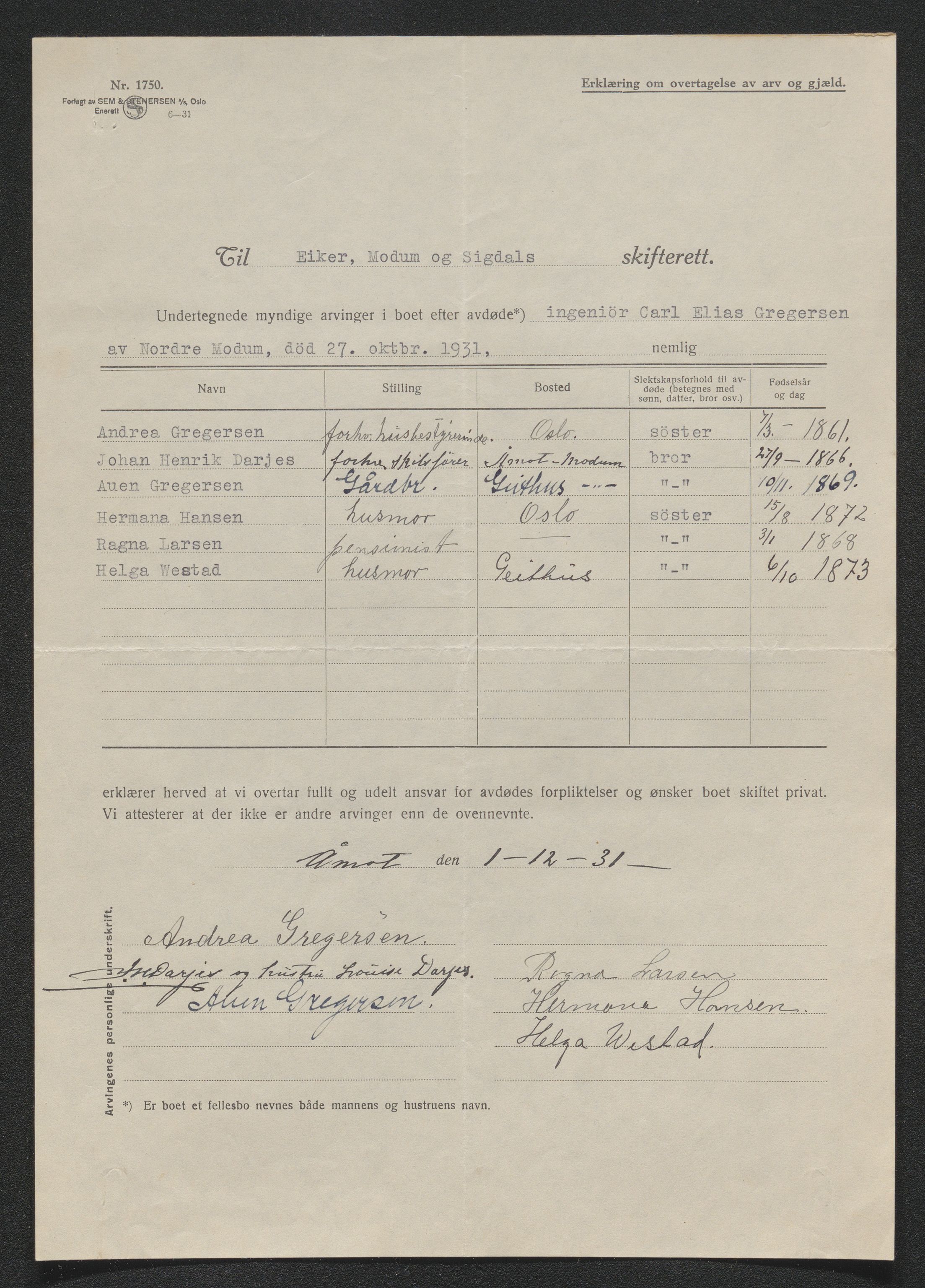 Eiker, Modum og Sigdal sorenskriveri, SAKO/A-123/H/Ha/Hab/L0046: Dødsfallsmeldinger, 1930-1931, p. 1152