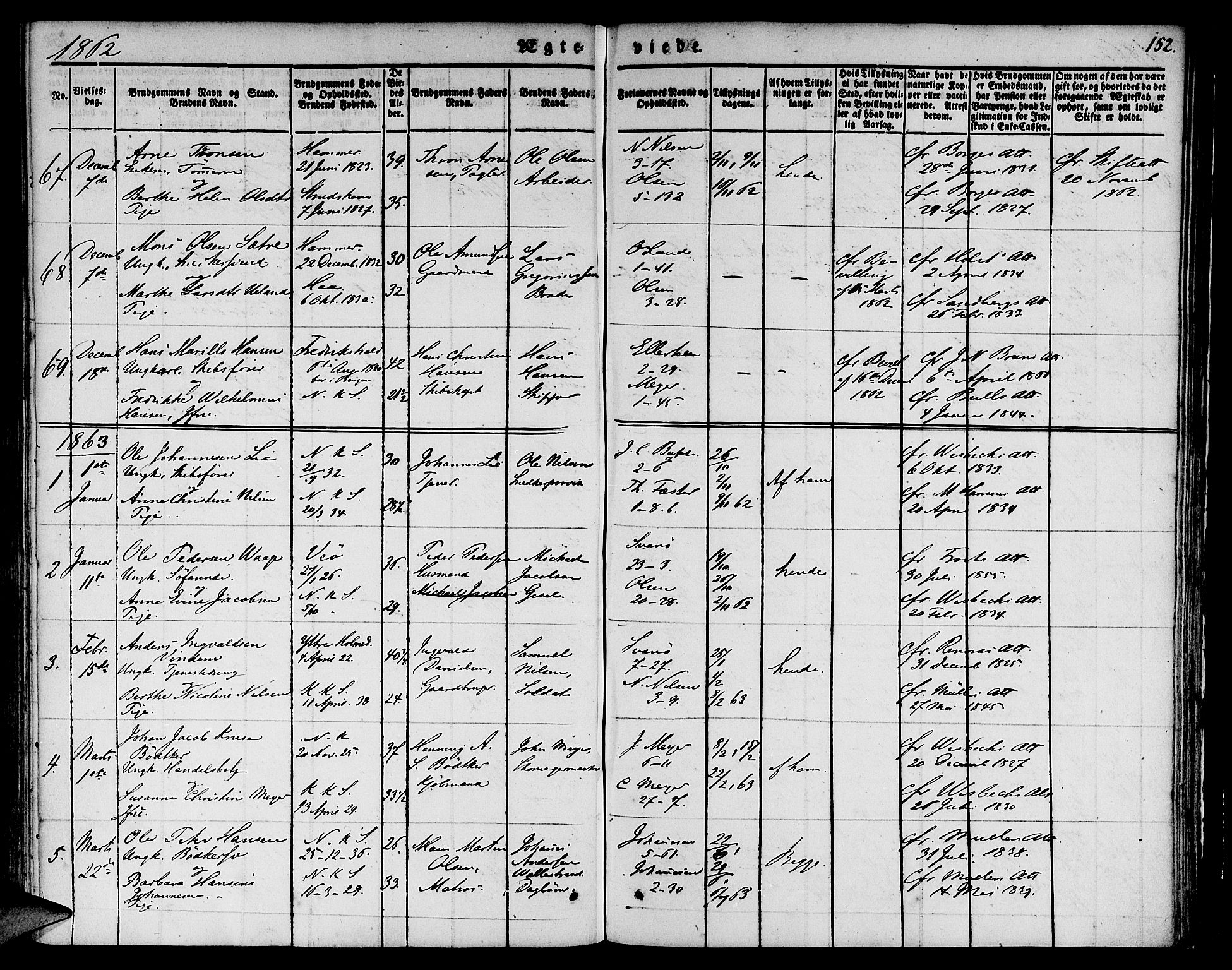 Nykirken Sokneprestembete, SAB/A-77101/H/Hab: Parish register (copy) no. D 1, 1832-1867, p. 152