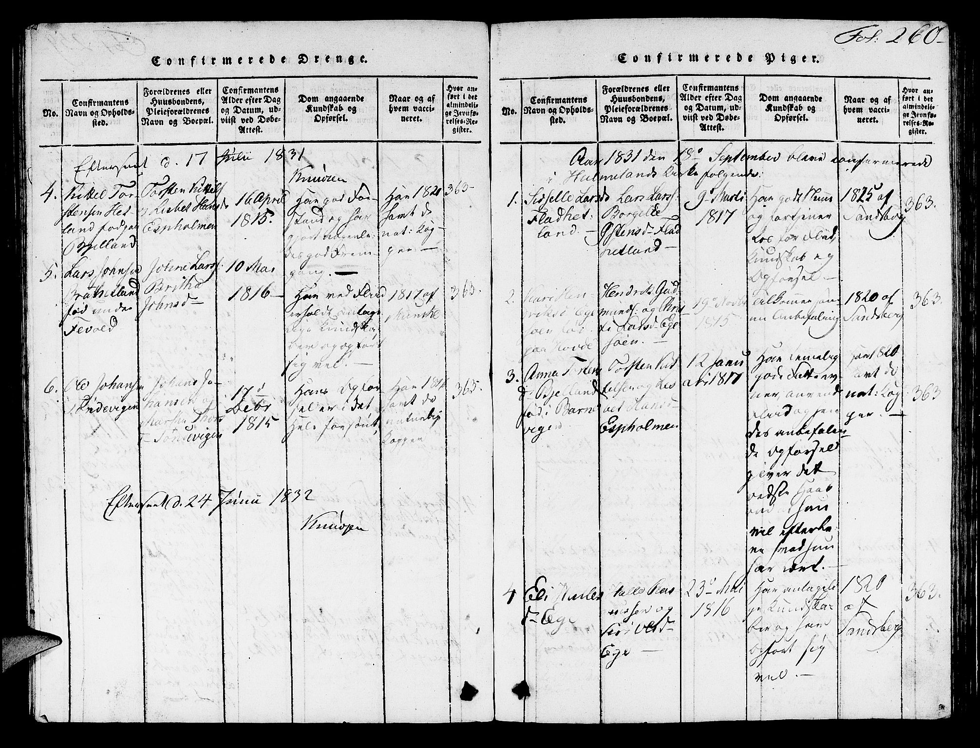 Hjelmeland sokneprestkontor, AV/SAST-A-101843/01/V/L0003: Parish register (copy) no. B 3, 1816-1841, p. 260