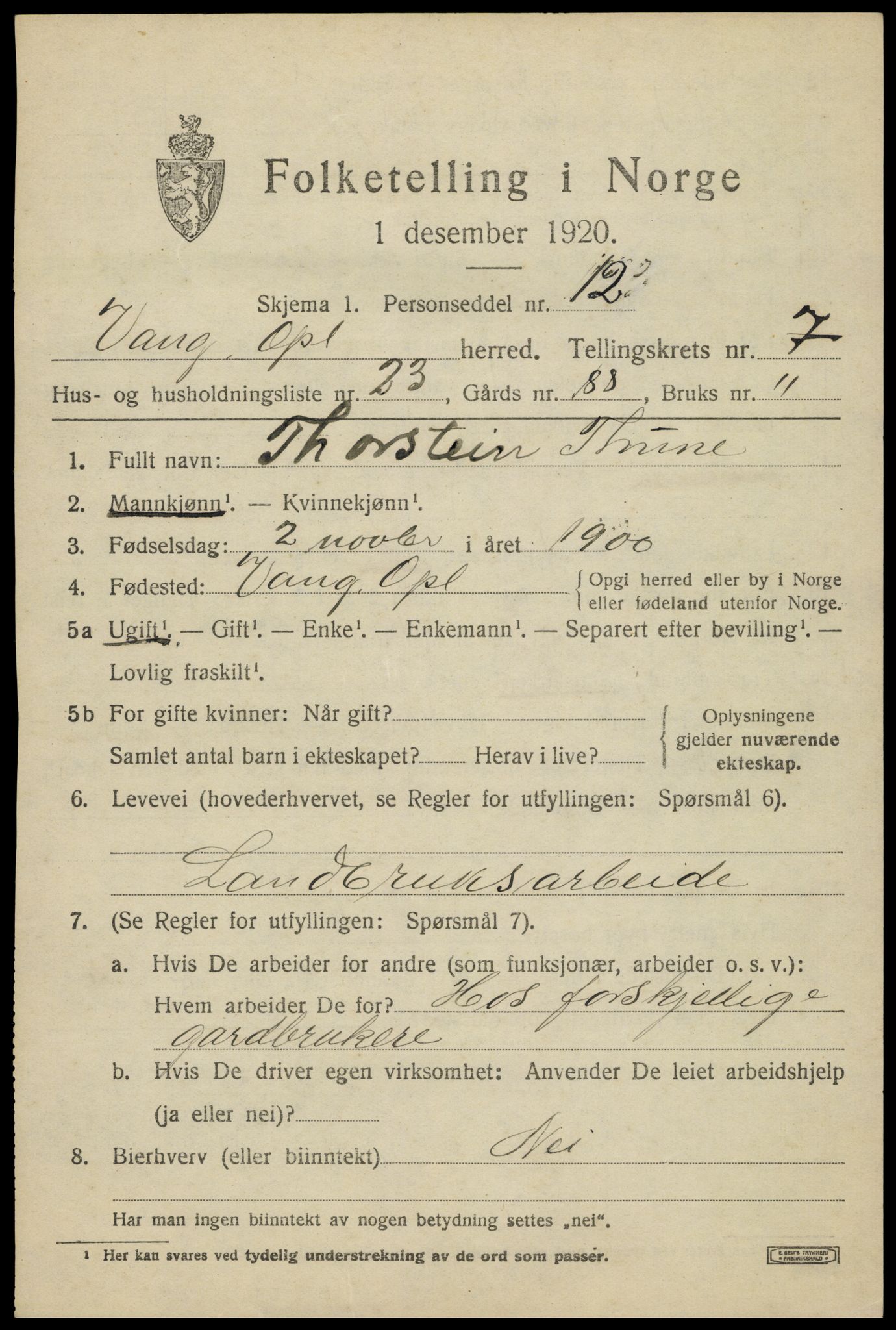SAH, 1920 census for Vang (Oppland), 1920, p. 3387