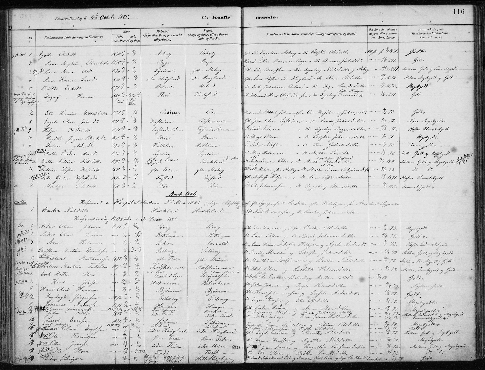 Os sokneprestembete, SAB/A-99929: Parish register (official) no. B 1, 1885-1902, p. 116