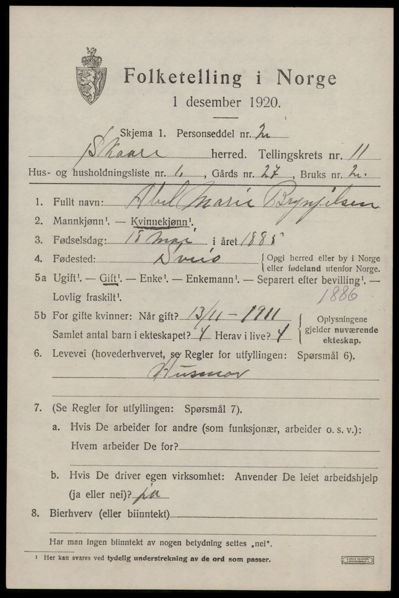 SAST, 1920 census for Skåre, 1920, p. 8278