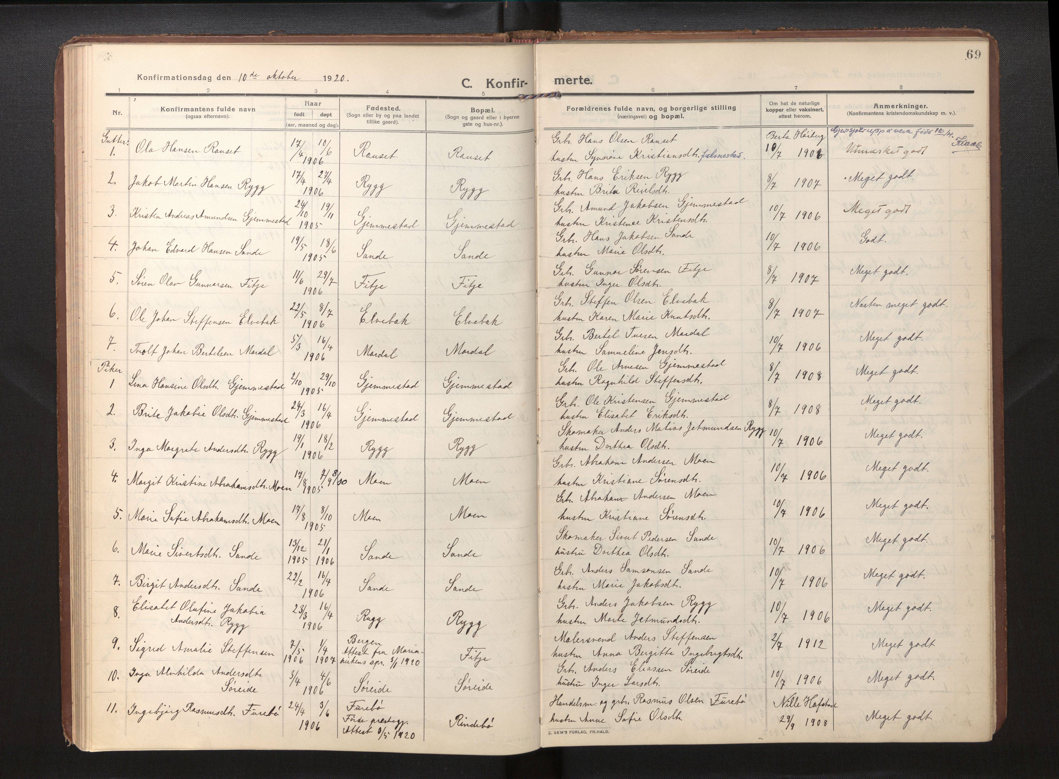 Gloppen sokneprestembete, AV/SAB-A-80101/H/Haa/Haad/L0002: Parish register (official) no. D 2, 1911-1925, p. 68b-69a