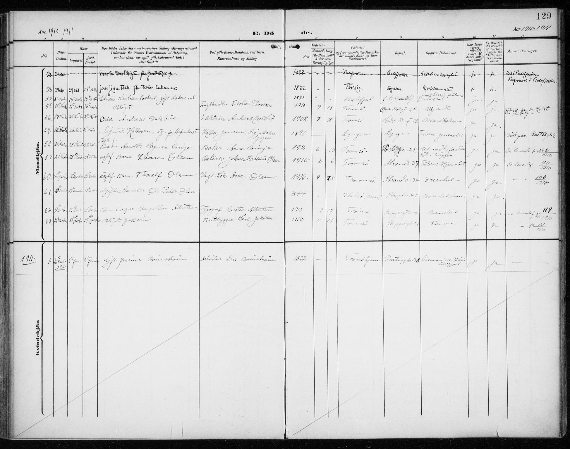 Tromsø sokneprestkontor/stiftsprosti/domprosti, SATØ/S-1343/G/Ga/L0018kirke: Parish register (official) no. 18, 1907-1917, p. 129