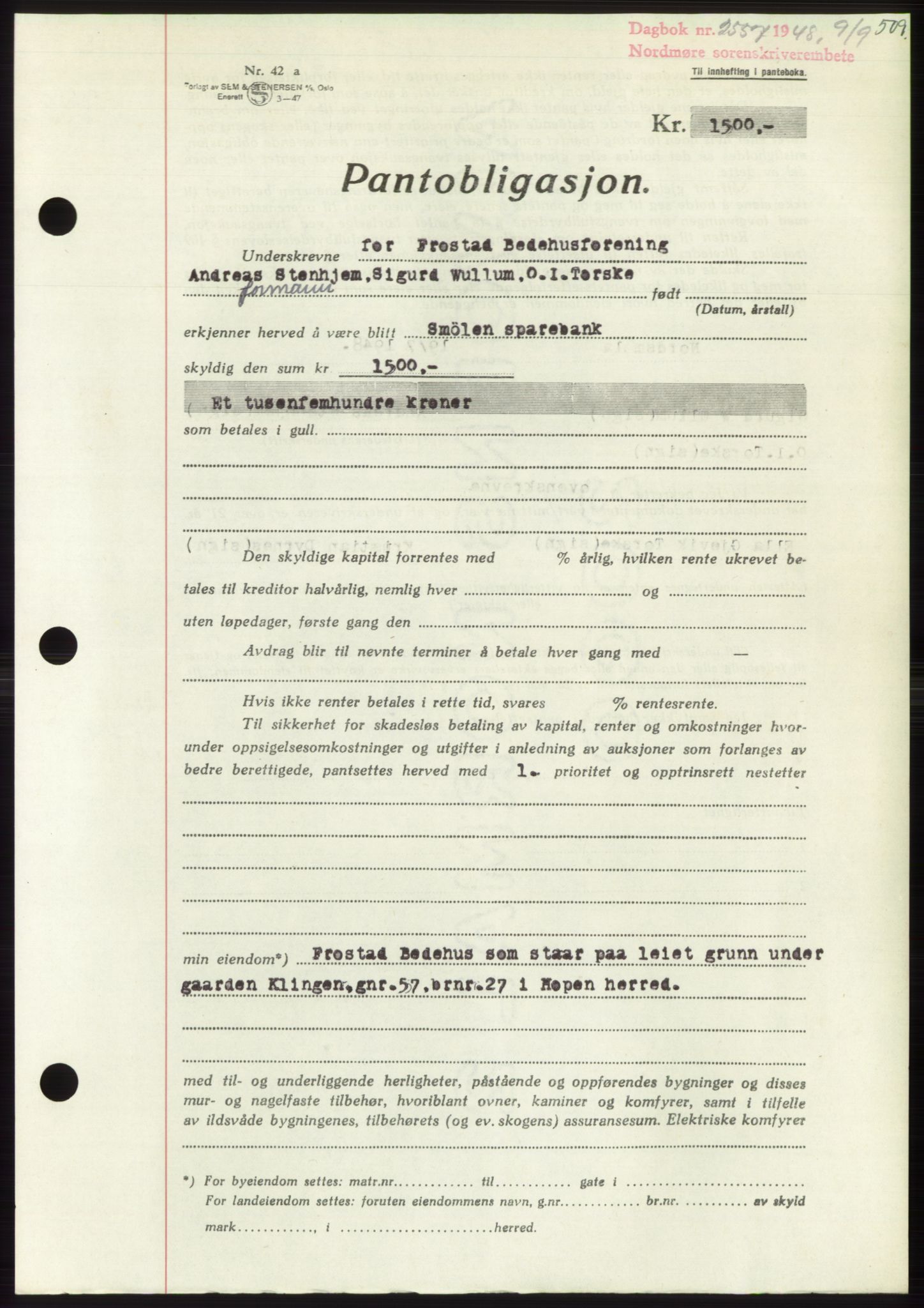 Nordmøre sorenskriveri, AV/SAT-A-4132/1/2/2Ca: Mortgage book no. B99, 1948-1948, Diary no: : 2557/1948