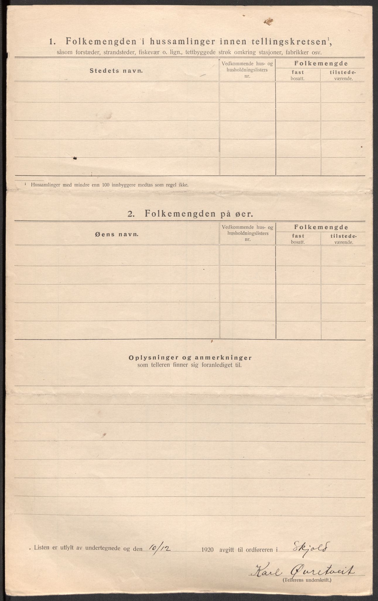 SAST, 1920 census for Skjold, 1920, p. 33