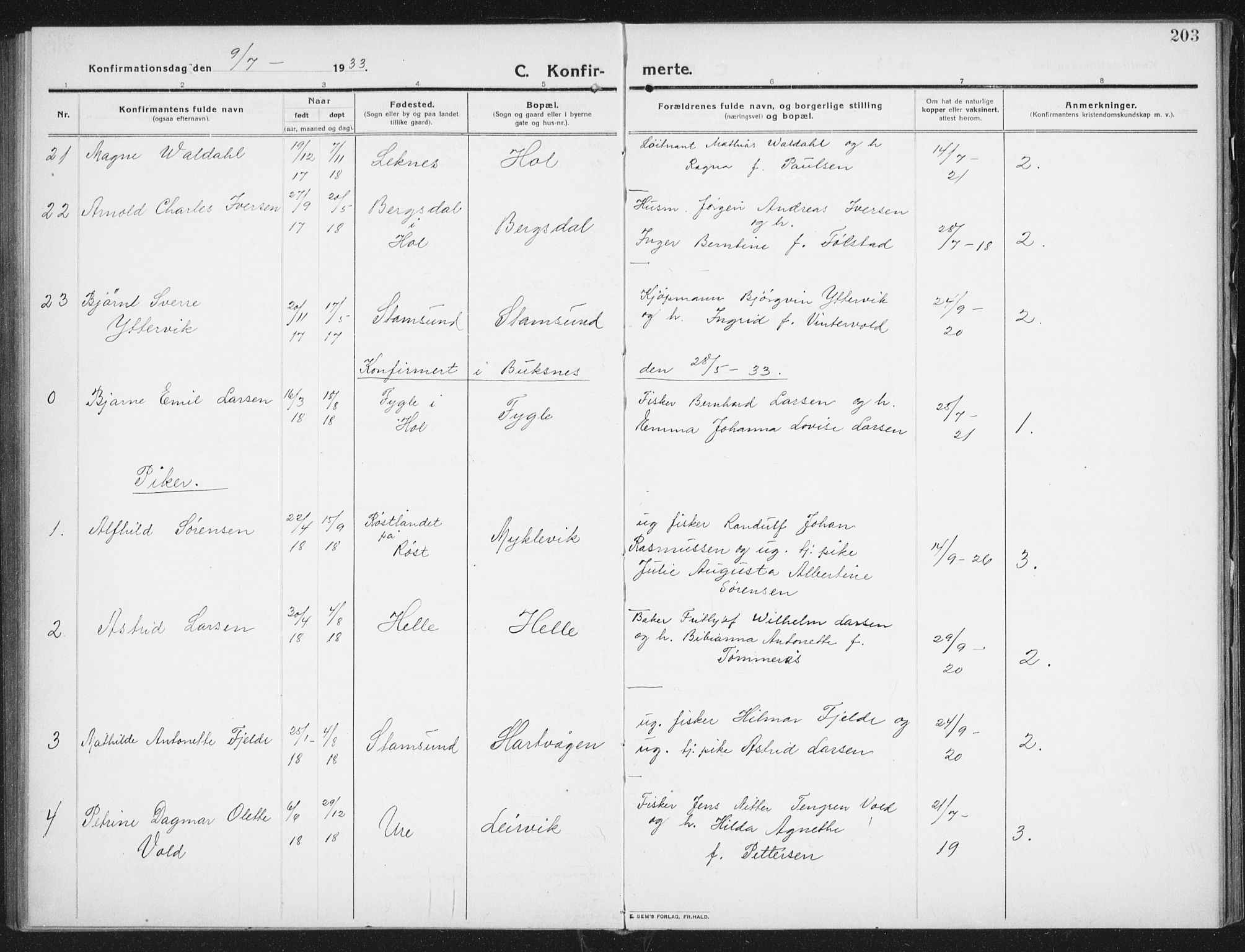 Ministerialprotokoller, klokkerbøker og fødselsregistre - Nordland, AV/SAT-A-1459/882/L1183: Parish register (copy) no. 882C01, 1911-1938, p. 203