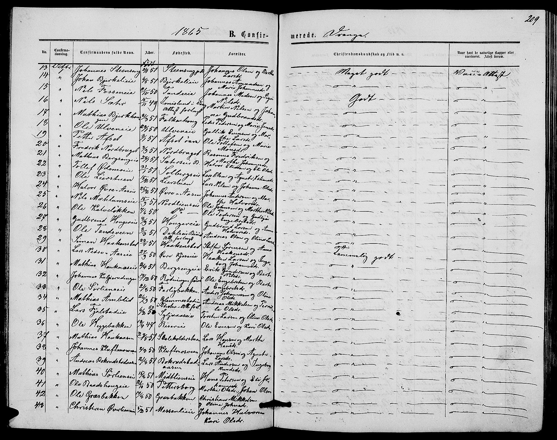 Ringsaker prestekontor, AV/SAH-PREST-014/L/La/L0007: Parish register (copy) no. 7, 1861-1869, p. 209