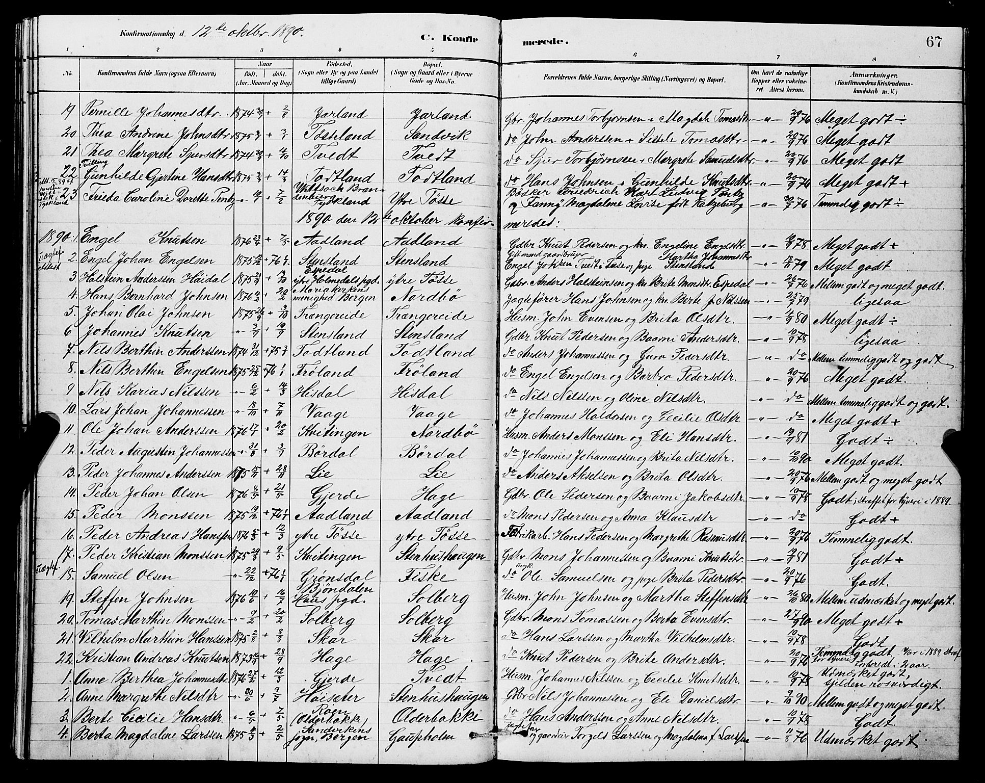 Samnanger Sokneprestembete, SAB/A-77501/H/Hab: Parish register (copy) no. A 2, 1879-1897, p. 67