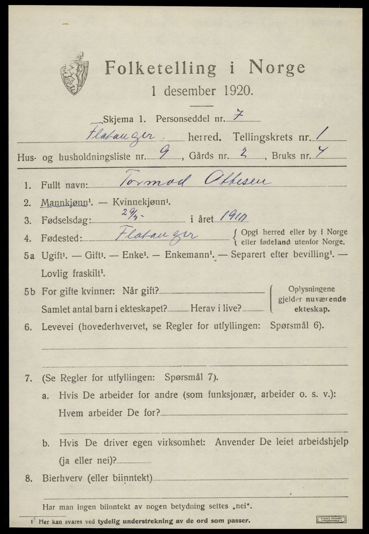 SAT, 1920 census for Flatanger, 1920, p. 800