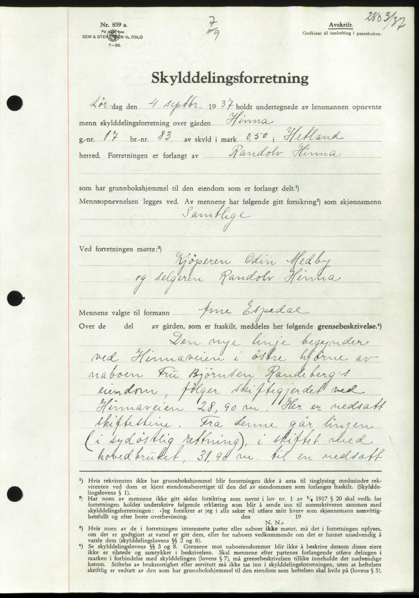 Jæren sorenskriveri, SAST/A-100310/03/G/Gba/L0069: Mortgage book, 1937-1937, Diary no: : 2803/1937