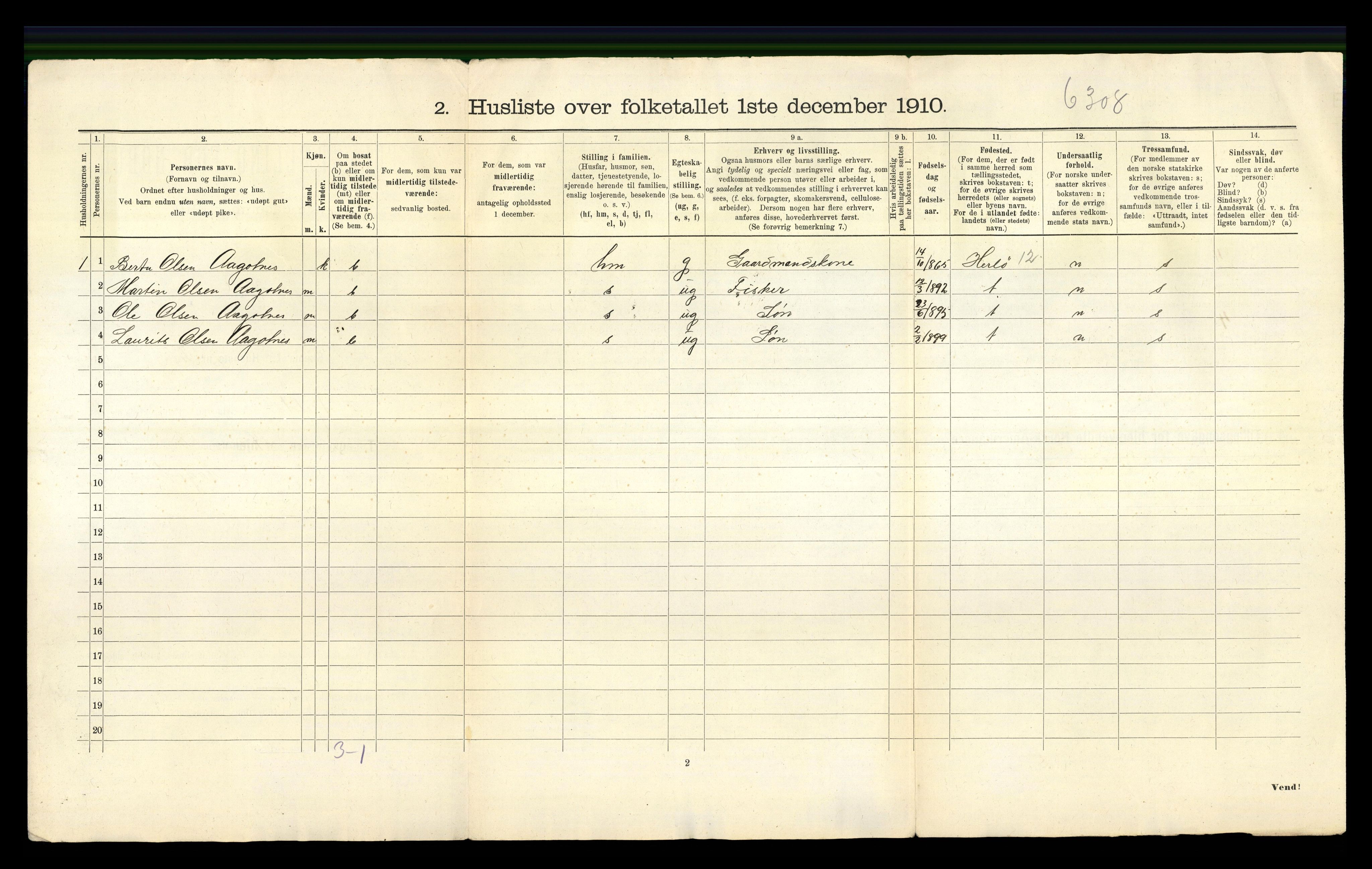 RA, 1910 census for Fjell, 1910, p. 604