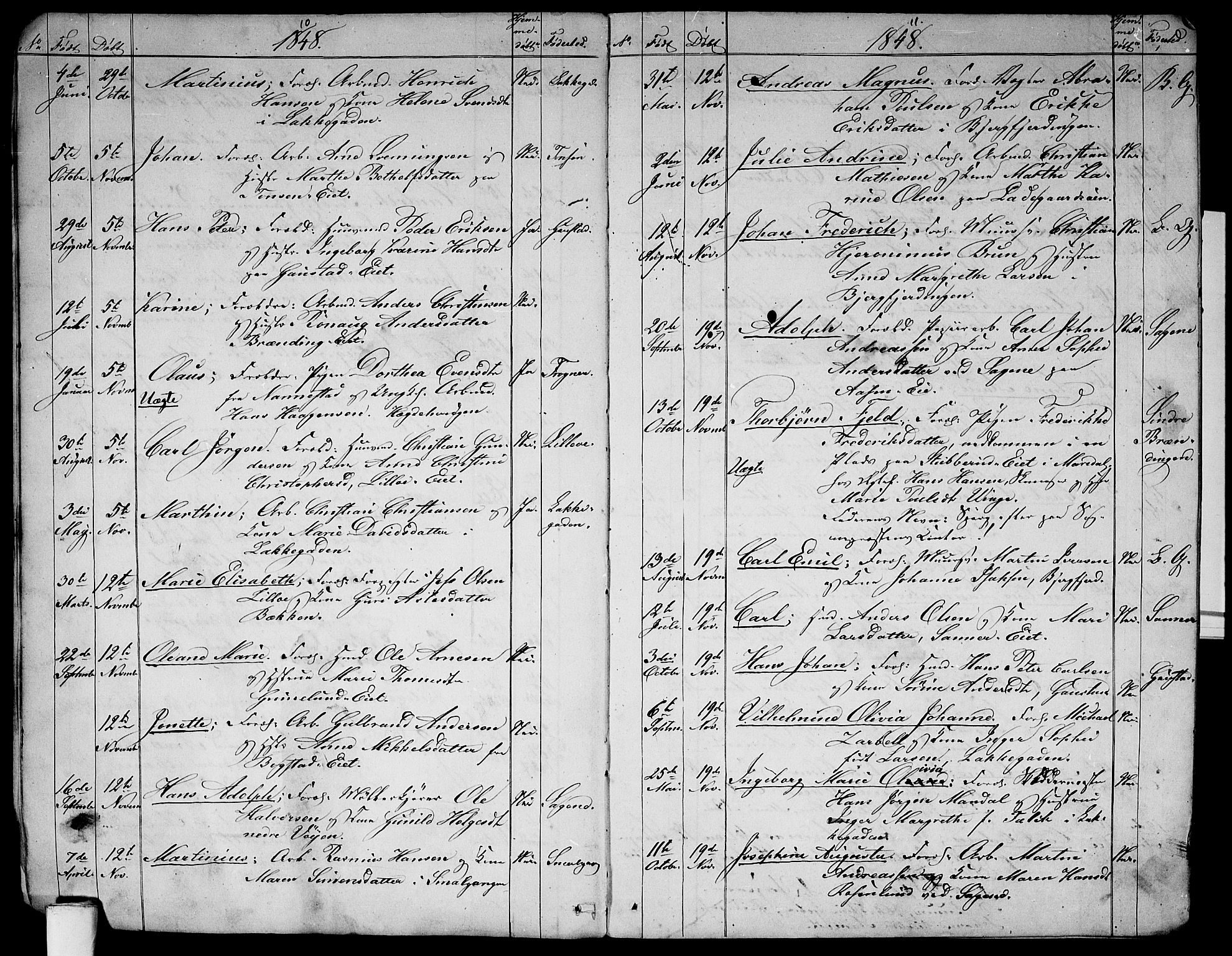 Aker prestekontor kirkebøker, SAO/A-10861/G/L0009: Parish register (copy) no. 9, 1848-1852, p. 10-11