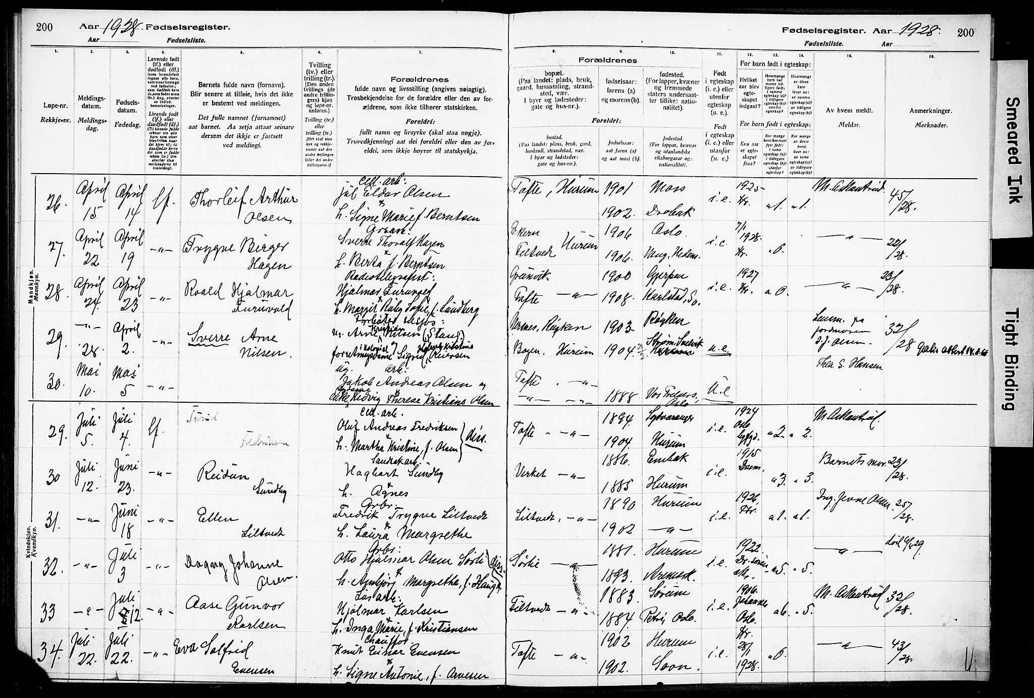 Hurum kirkebøker, AV/SAKO-A-229/J/Ja/L0001: Birth register no. 1, 1916-1928, p. 200